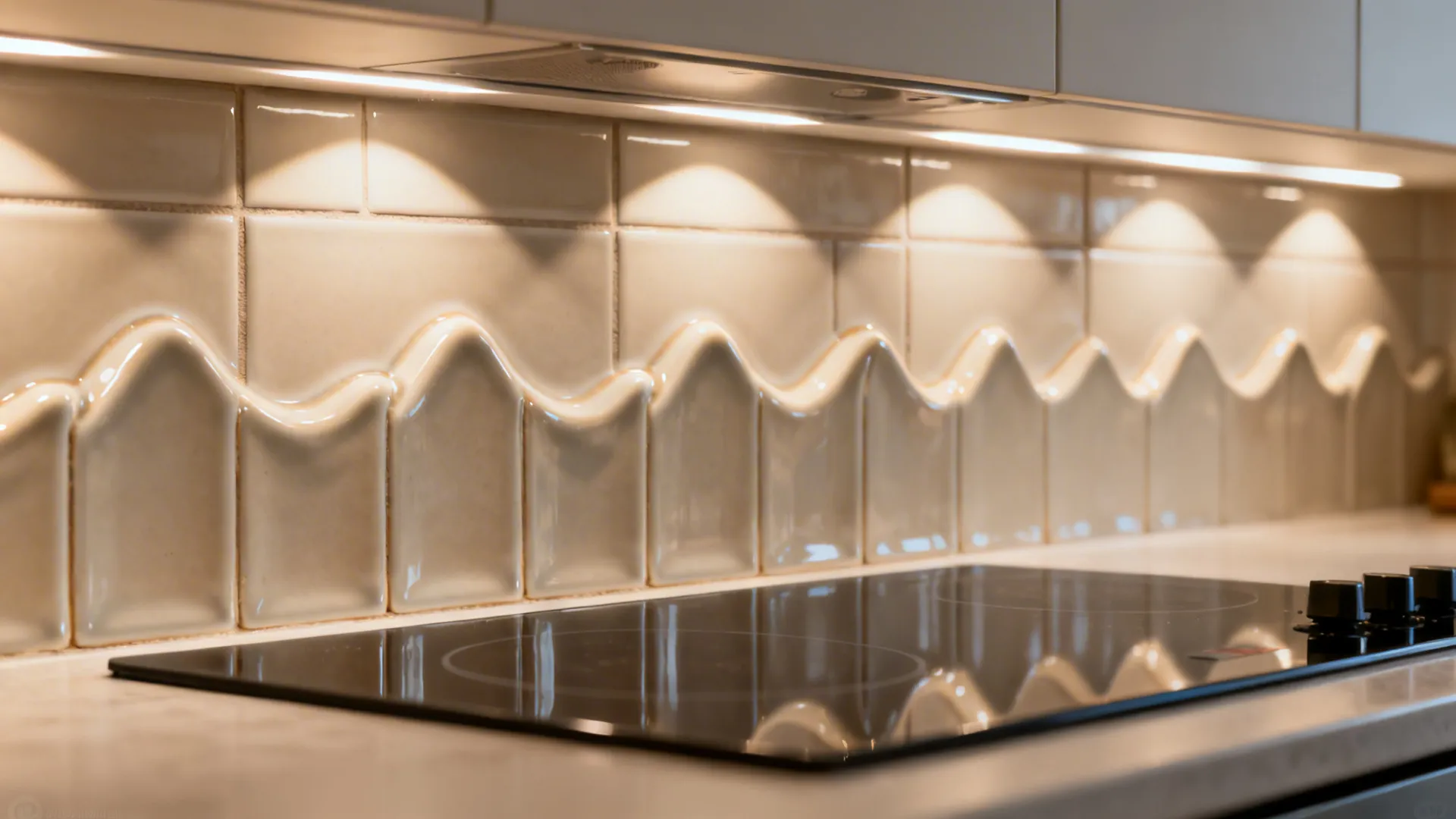 Macro detail of shallow 3D ridge ceramic backsplash with soft LED light-play.