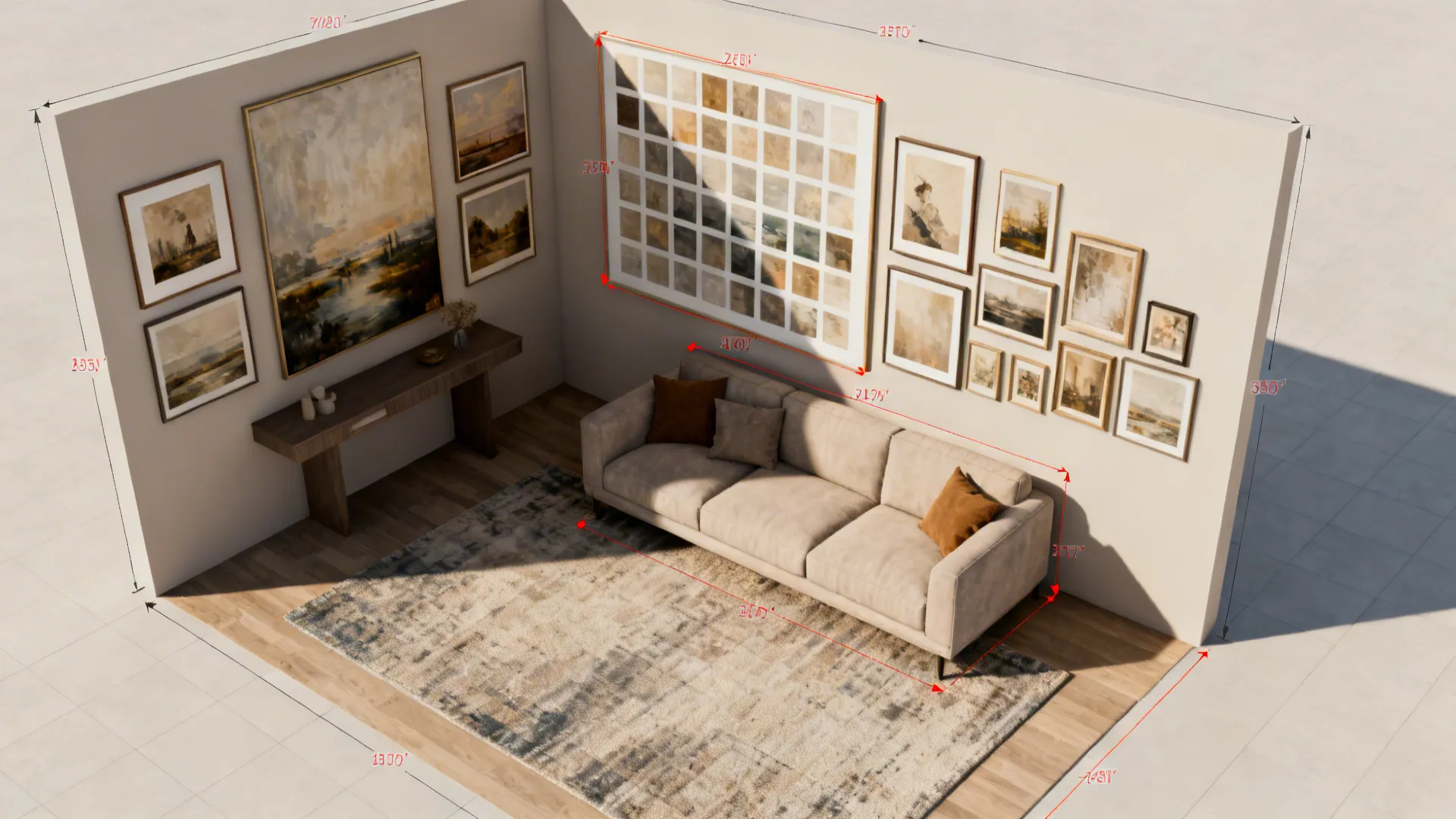Top-down 3D room planner mockup showing multiple art layout options on the same wall