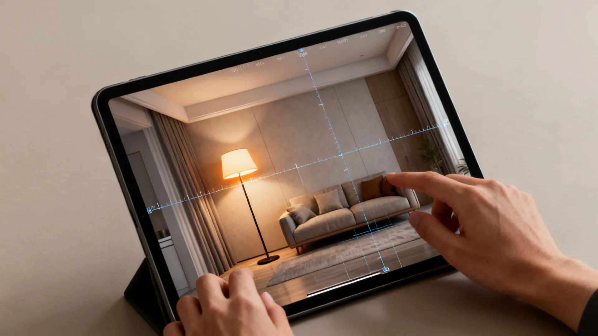 Tablet showing a 3D room planner with floor lamp placement to visualize scale and sightlines.