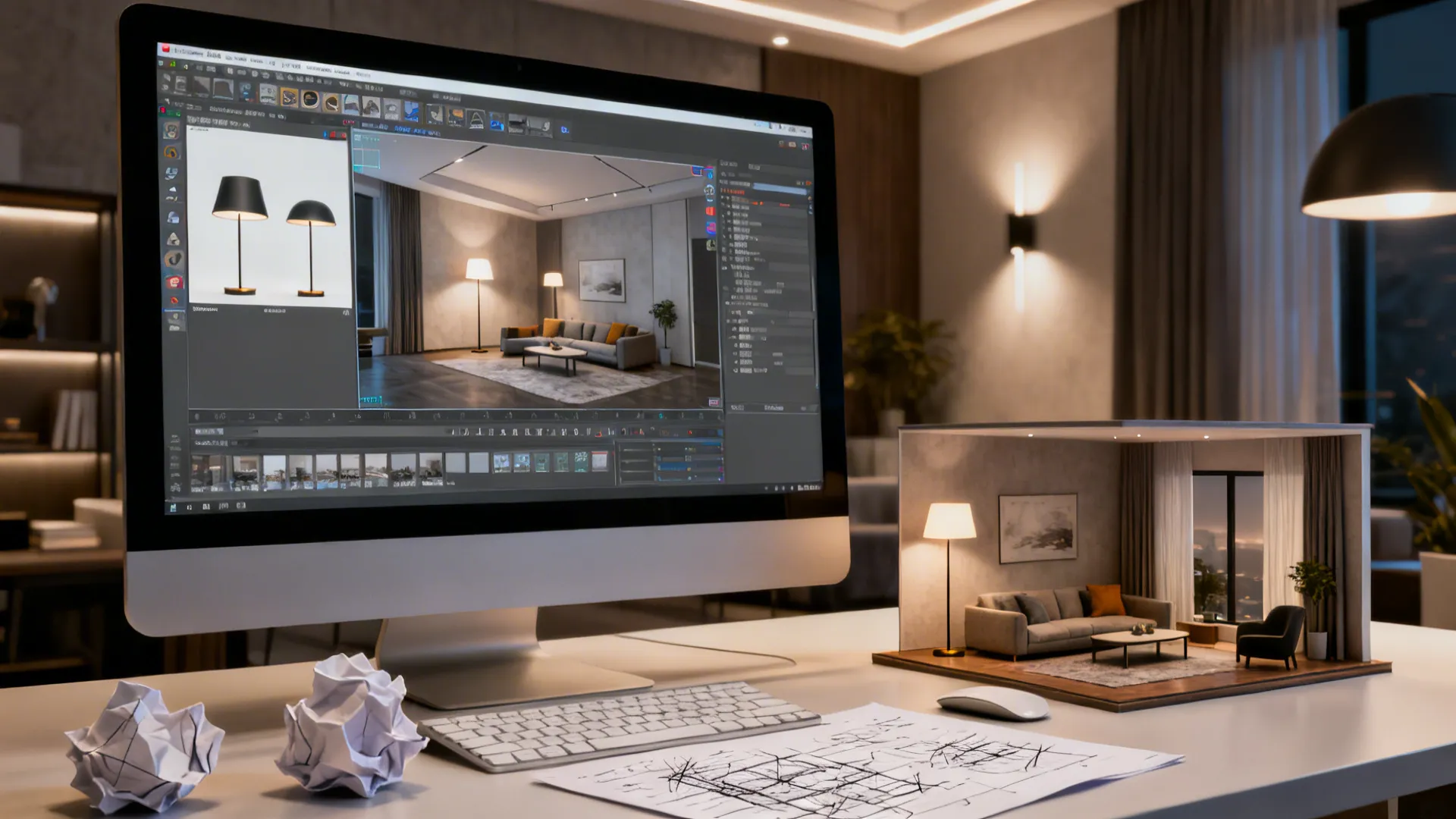 Computer screen showing a 3D room planner with lamp placement mockups