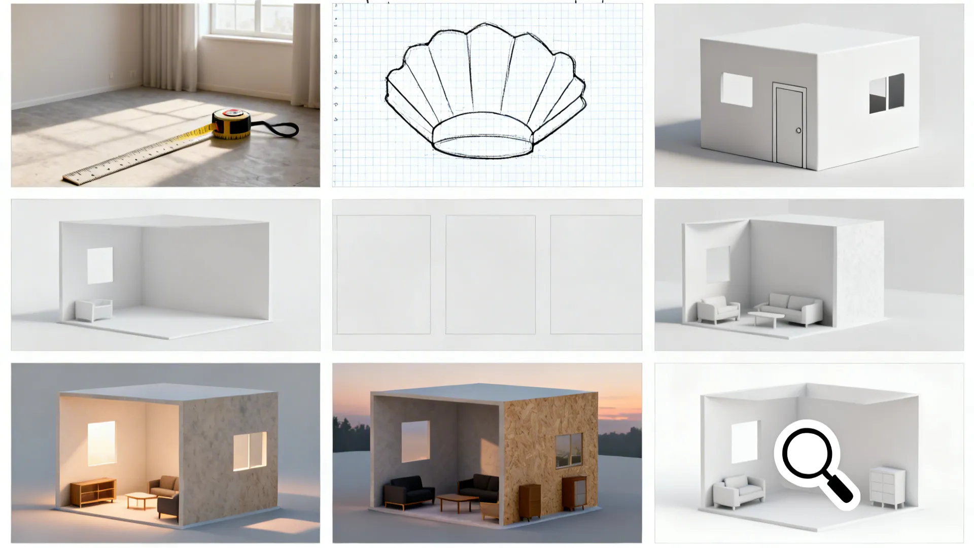Top-down storyboard showing the seven steps from measuring to rendering.