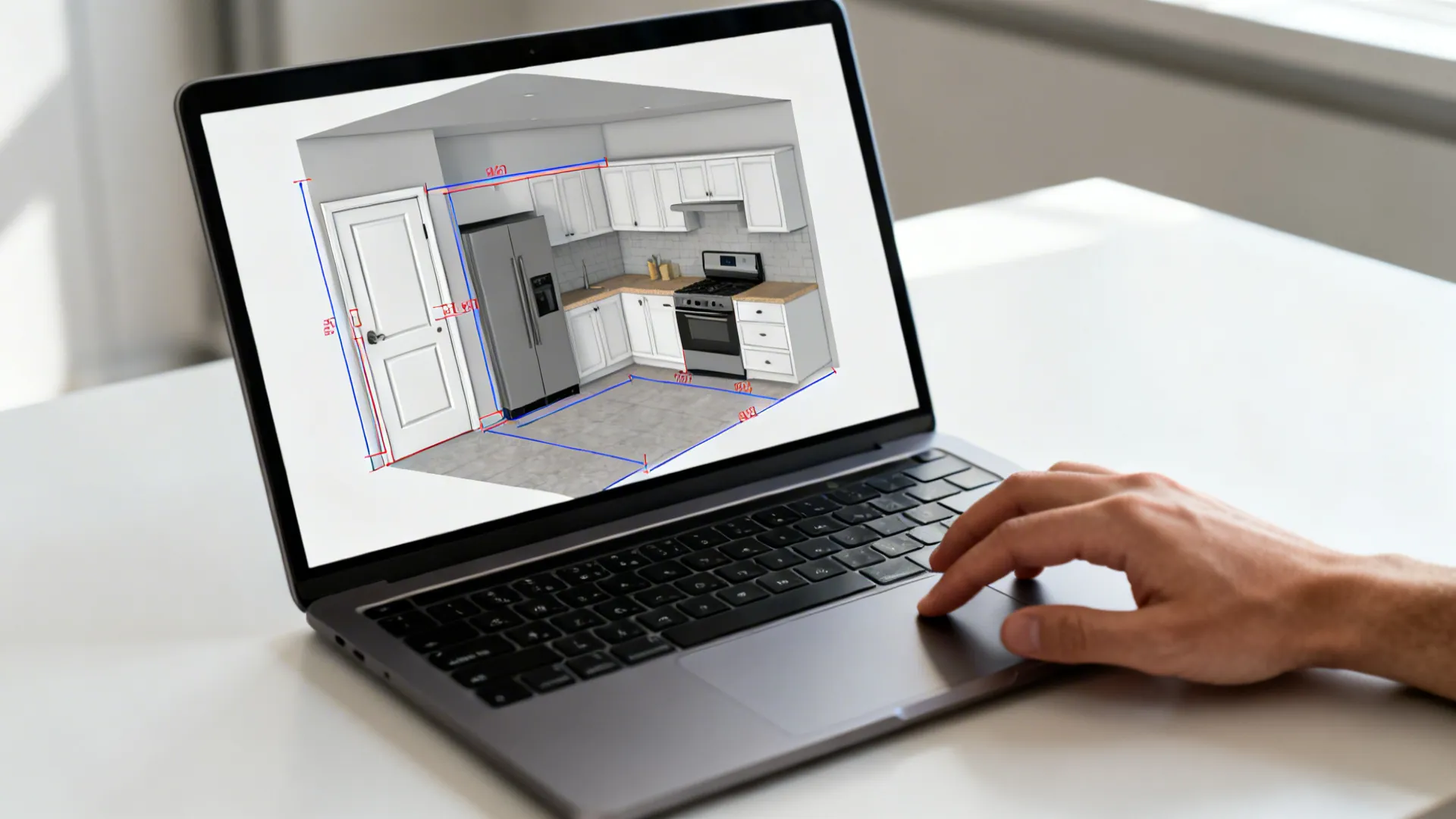 Laptop screen showing a 3D kitchen design with red dimension lines and a human hand