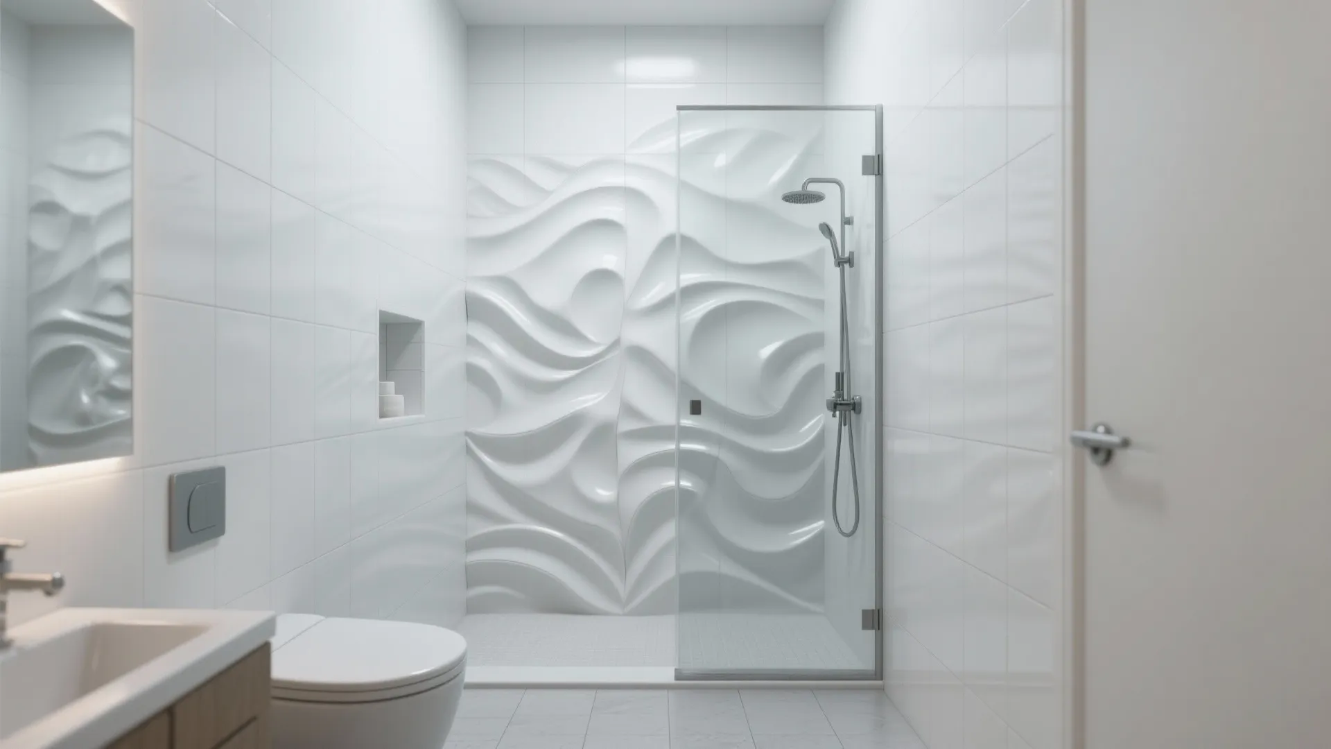 4) One Dramatic Wall: 3D White Tiles in the Shower or Behind the Vanity