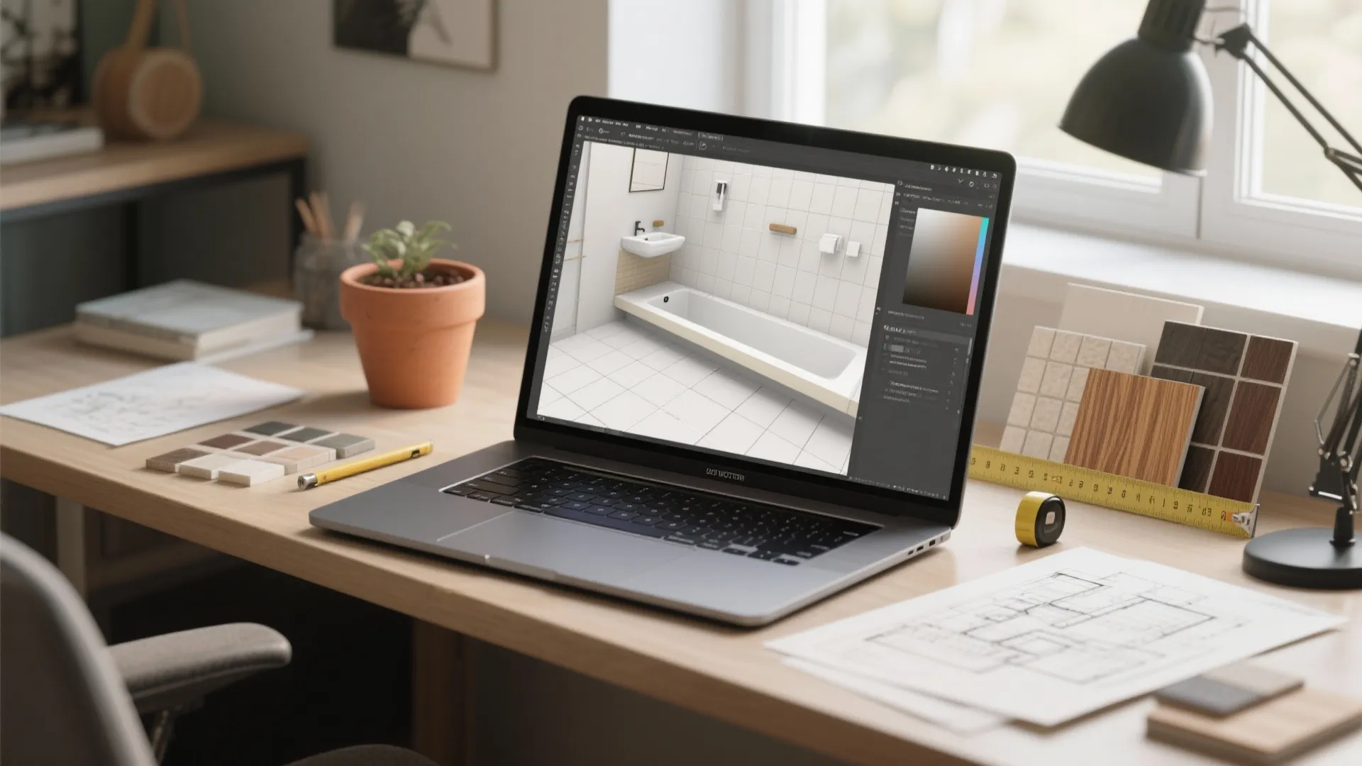 Laptop showing bathroom design drawing on desk with paper floor plans and small material samples