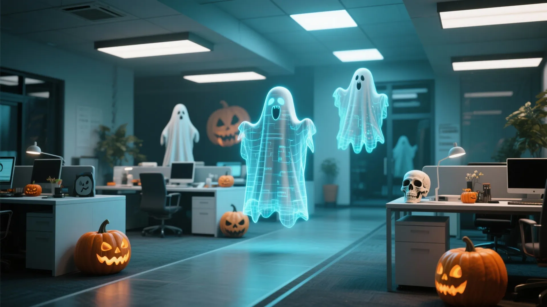 Office decorated with floating holographic ghosts and skulls