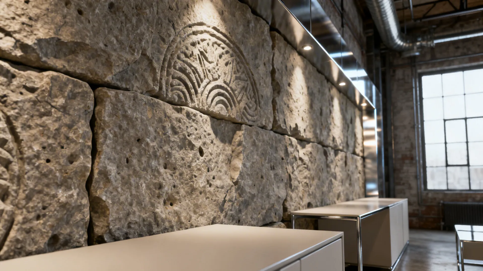 Close-up of a 3D stone mural on a living room wall showing realistic texture and shadow.