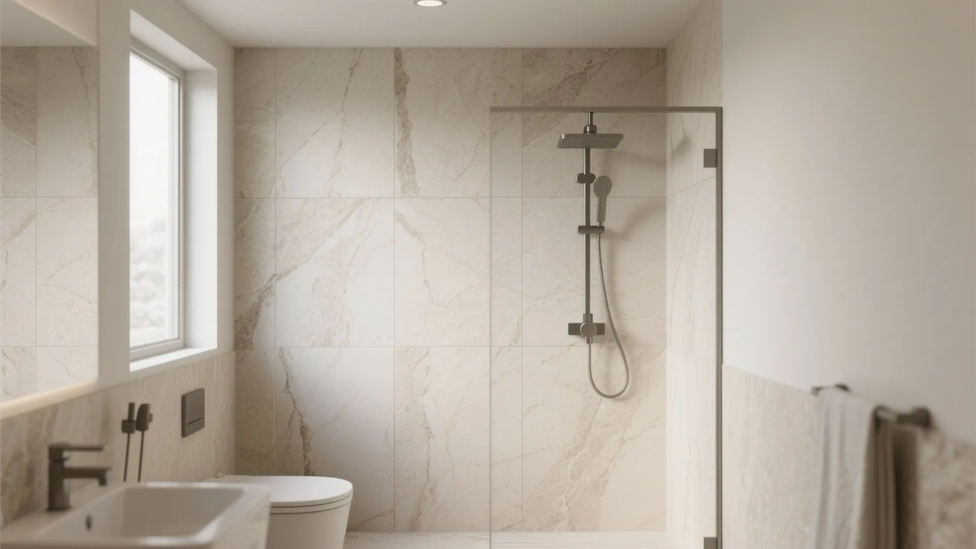 Bright bathroom with stone wall panel, glass shower door, white toilet, sink, and a window