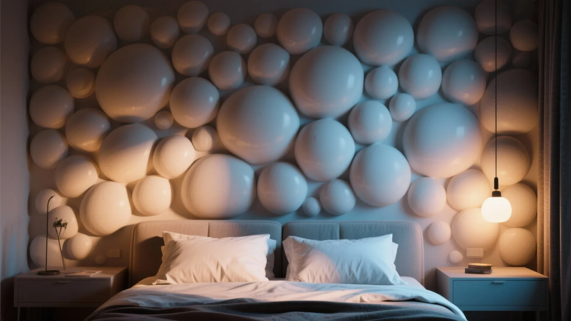 Modern bedroom featuring a unique white bubble wall panel behind the bed with warm lighting