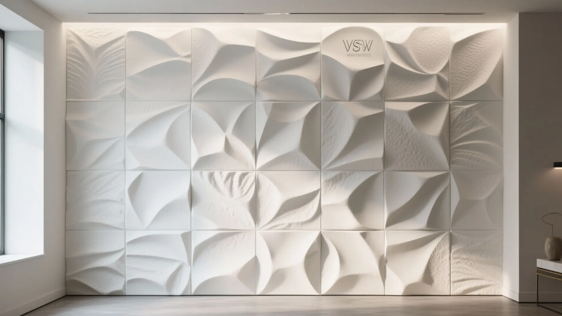 Modern interior room featuring a white 3D textured wall panel with soft warm top lighting