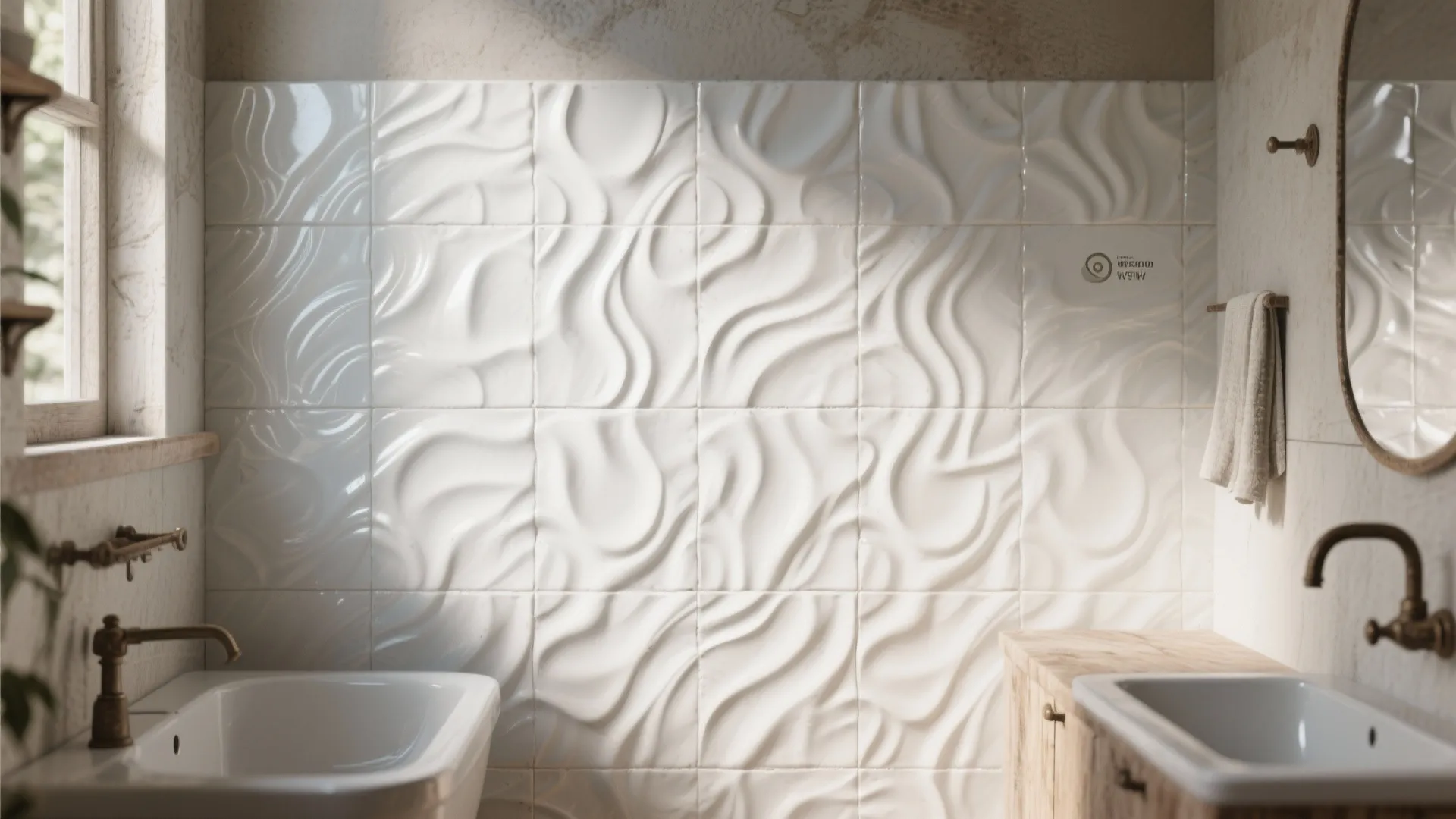 Modern bathroom with white wavy textured wall tiles sink and wooden cabinet in natural light