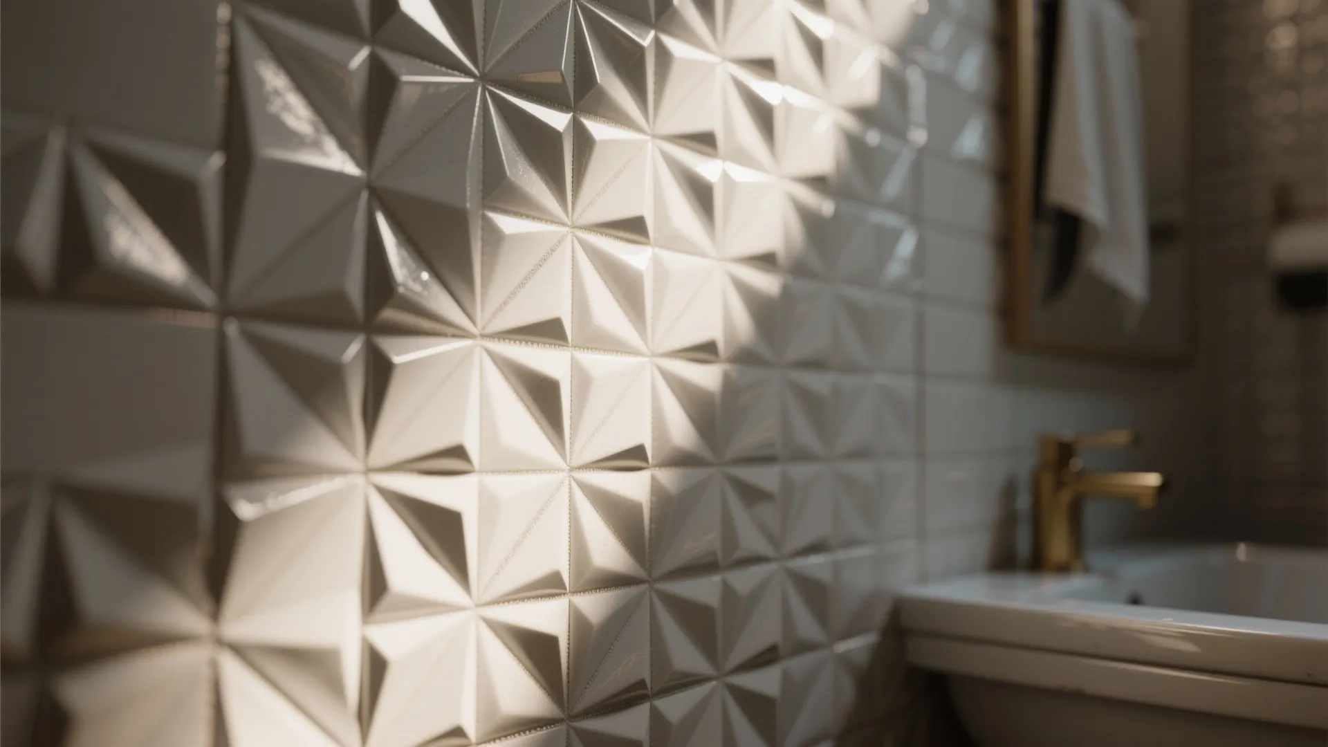 Close up of textured white wall tiles with diamond shapes in bathroom near a gold faucet
