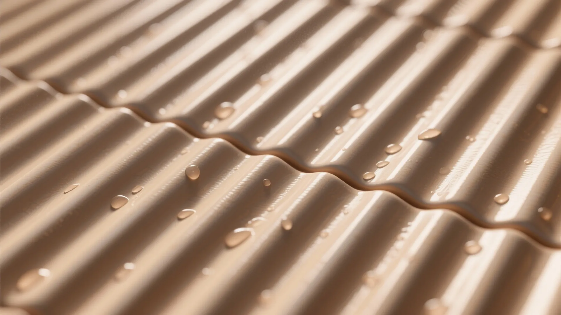 Macro of ribbed 3D digital tile with warm grazing light showing glaze, texture, shadows, and a few water droplets.