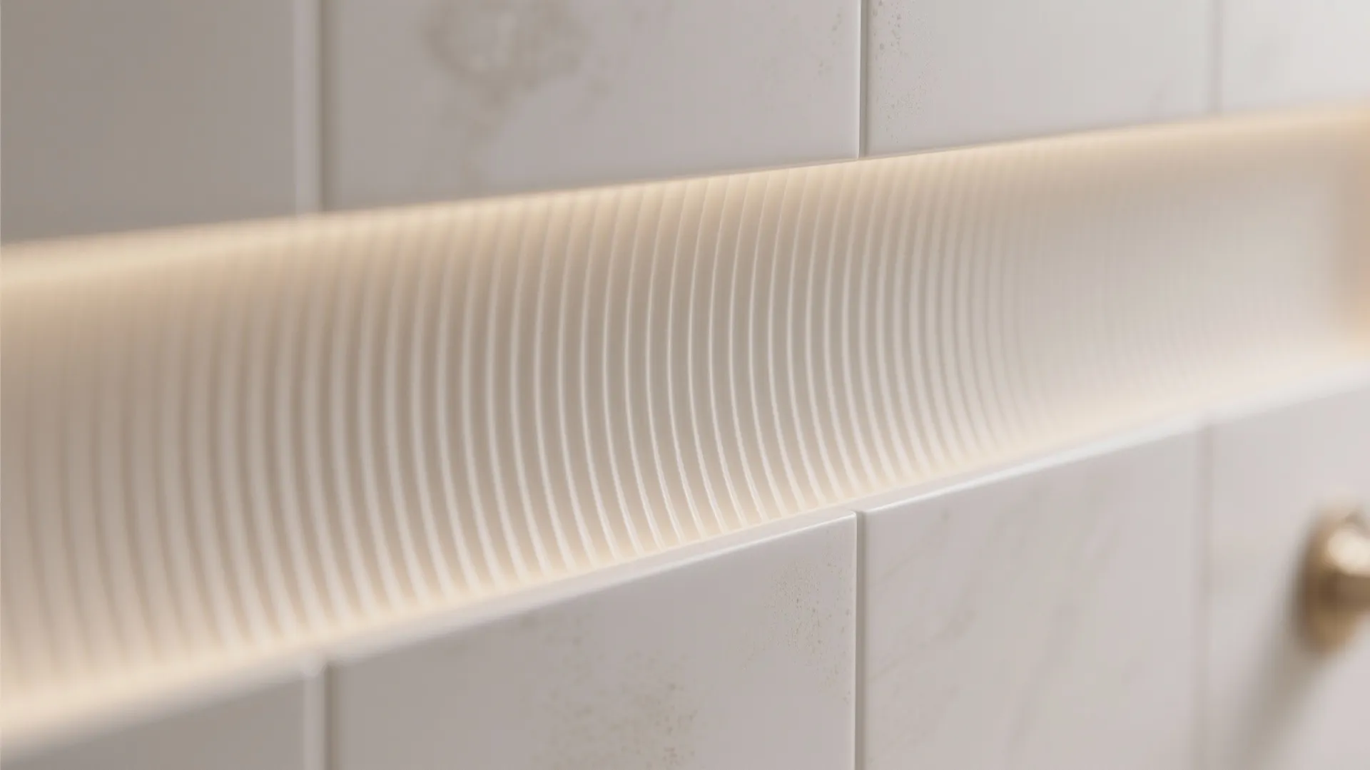 Macro of shallow ribbed 3D bathroom wall tile with warm shadow lines.