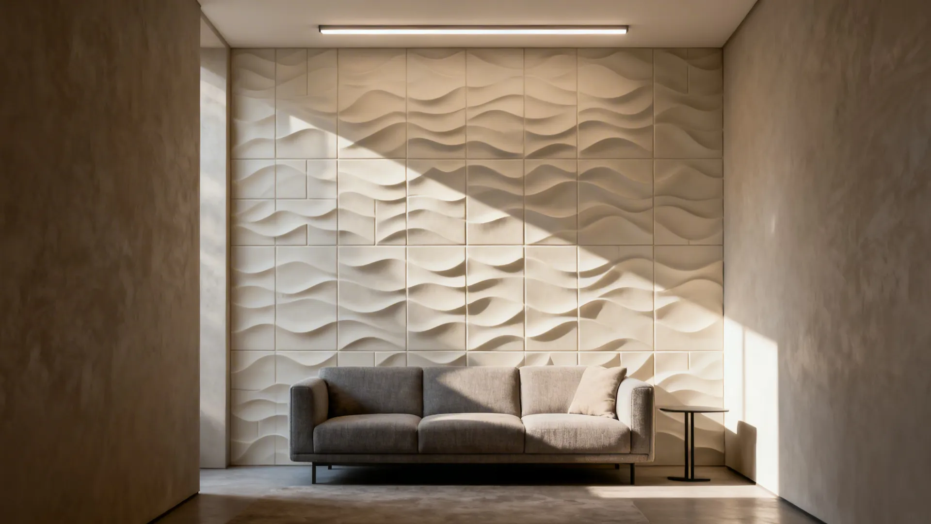 Narrow living room with wave-pattern 3D tile wall softly lit to show depth.