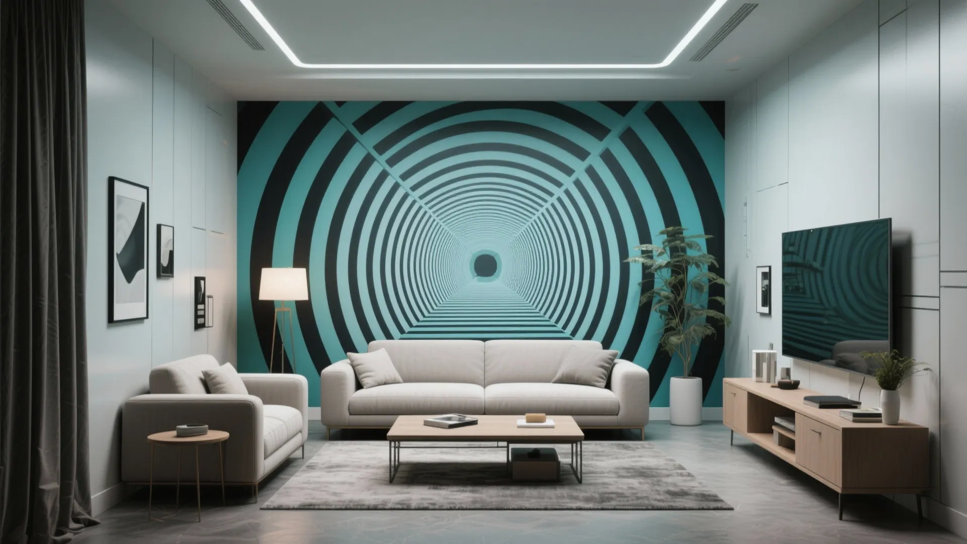 Compact living room with 3D tunnel illusion mural