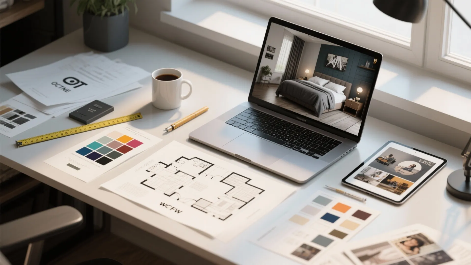 Top-down view of a 3D visualization workspace with a laptop render, floorplans, swatches, and measuring tape.