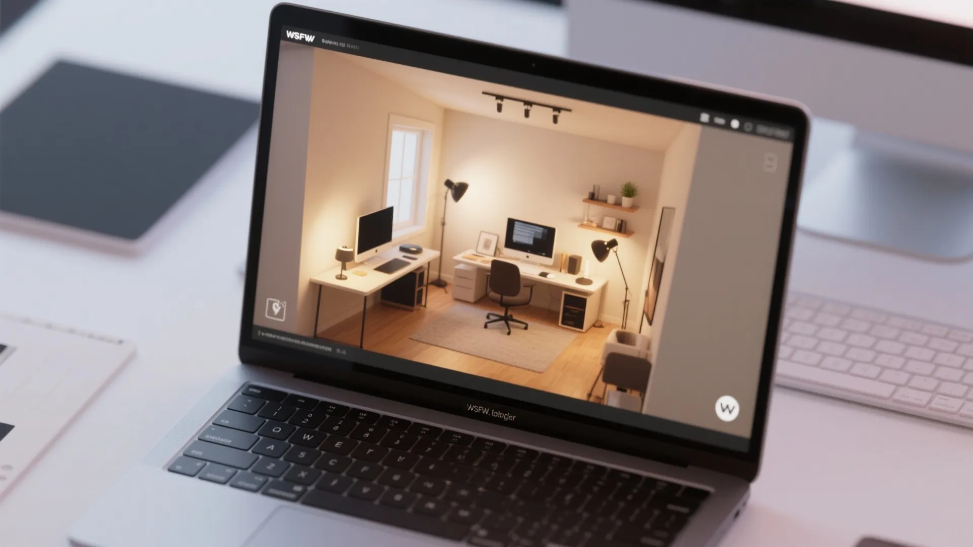 Top-down view of 3D studio layout on laptop screen