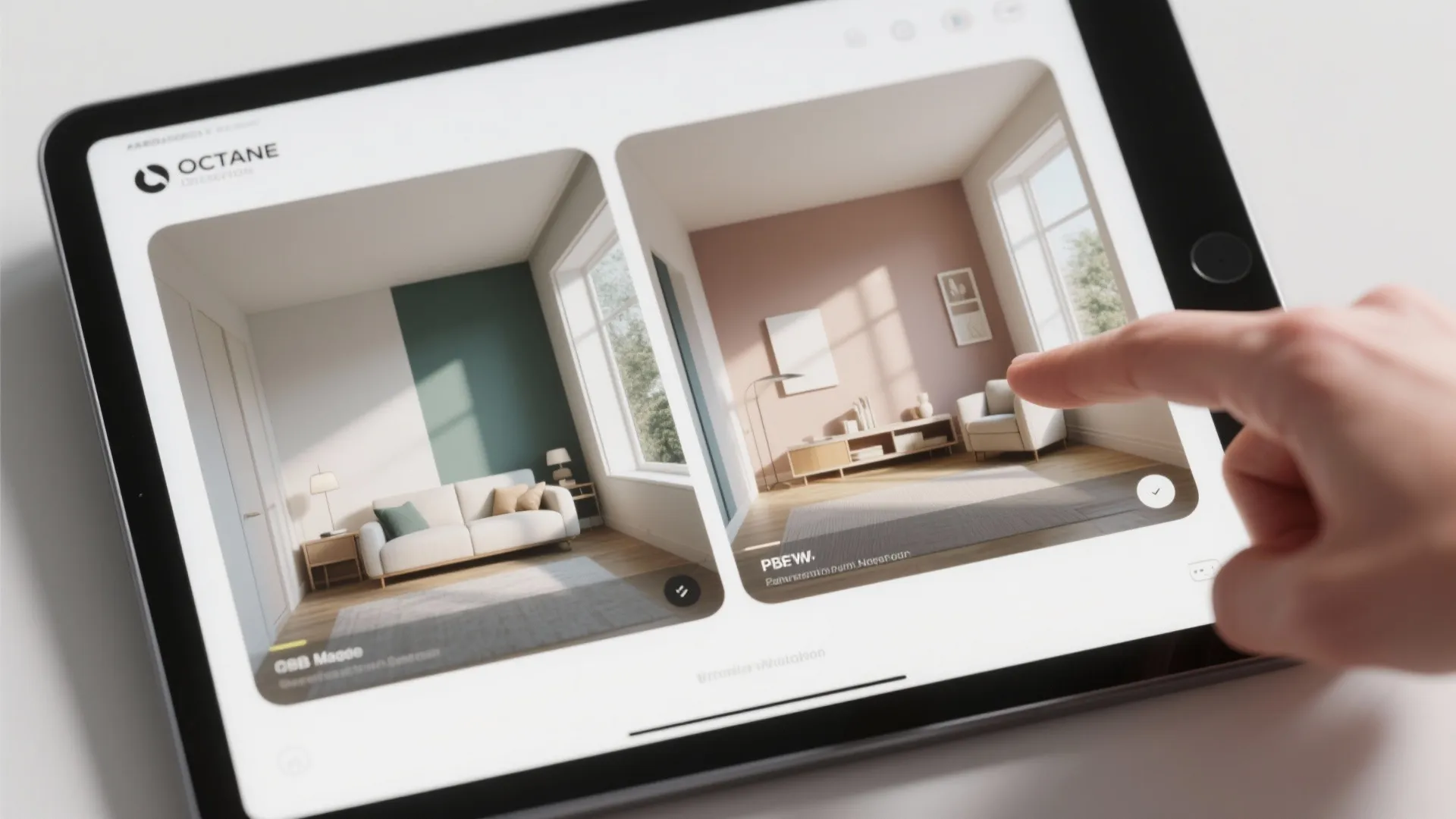 Close-up of a tablet showing a 3D room mockup with two paint schemes side-by-side and a finger pointing.