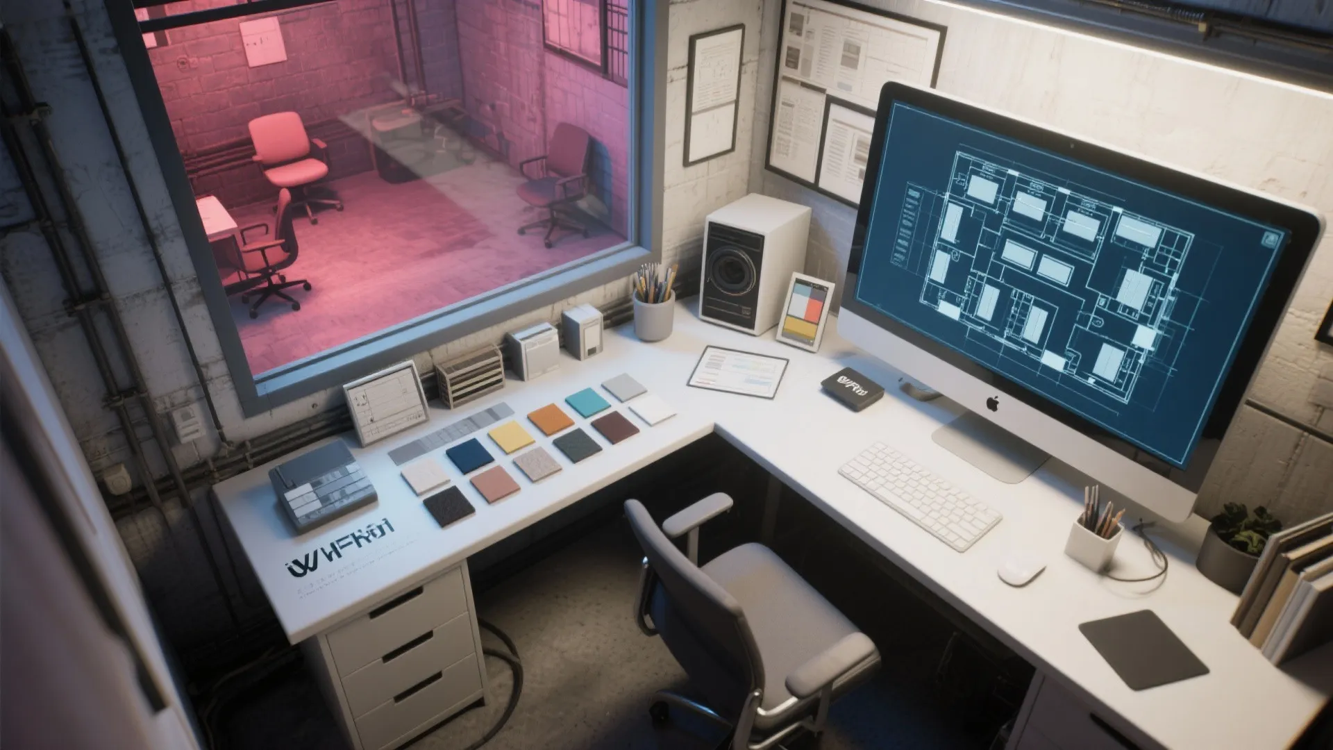 Interior design drawing on a computer screen showing a floor plan layout in an office