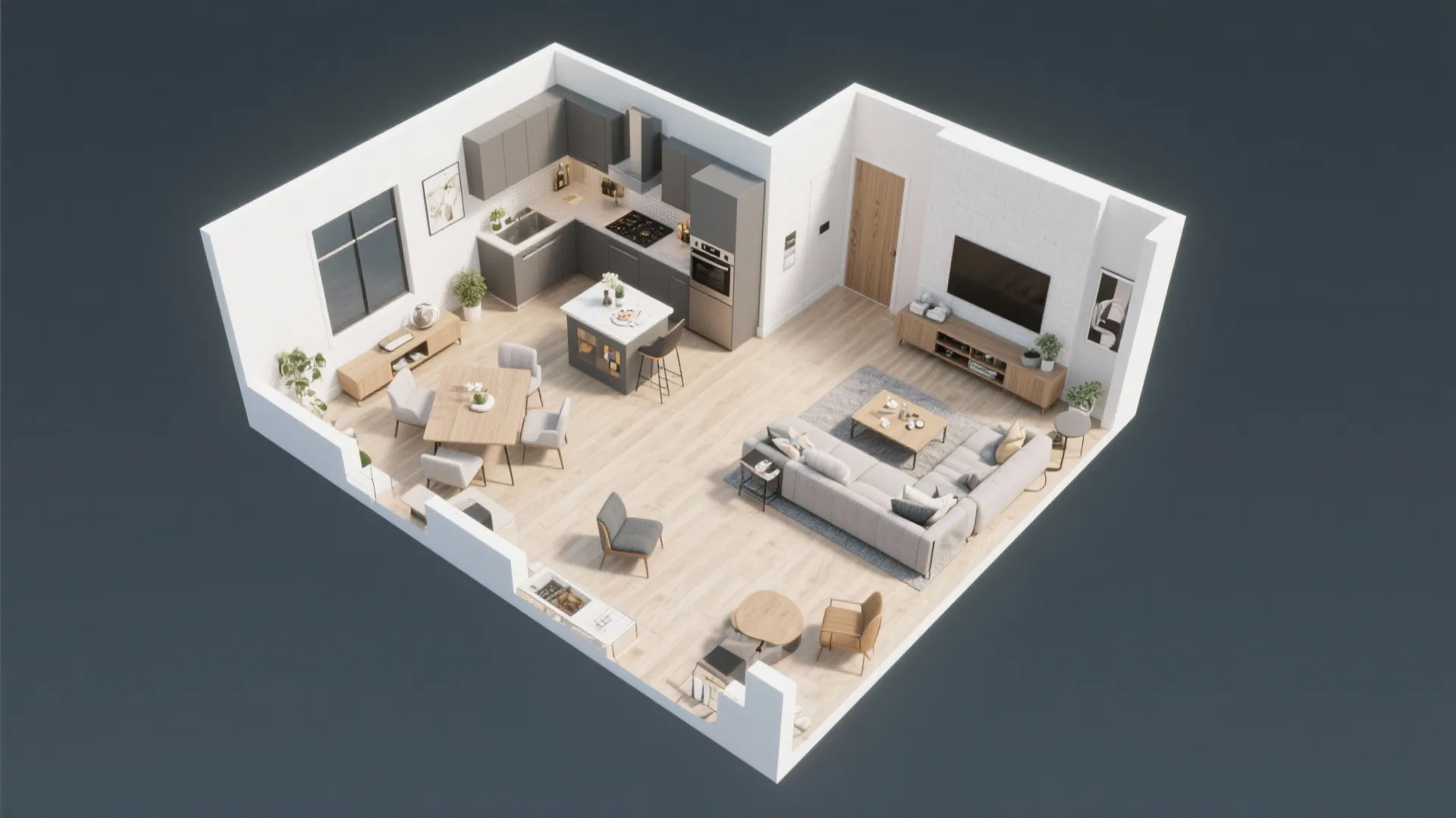 Interior design drawing of a small apartment showing kitchen living room dining area and wood floor