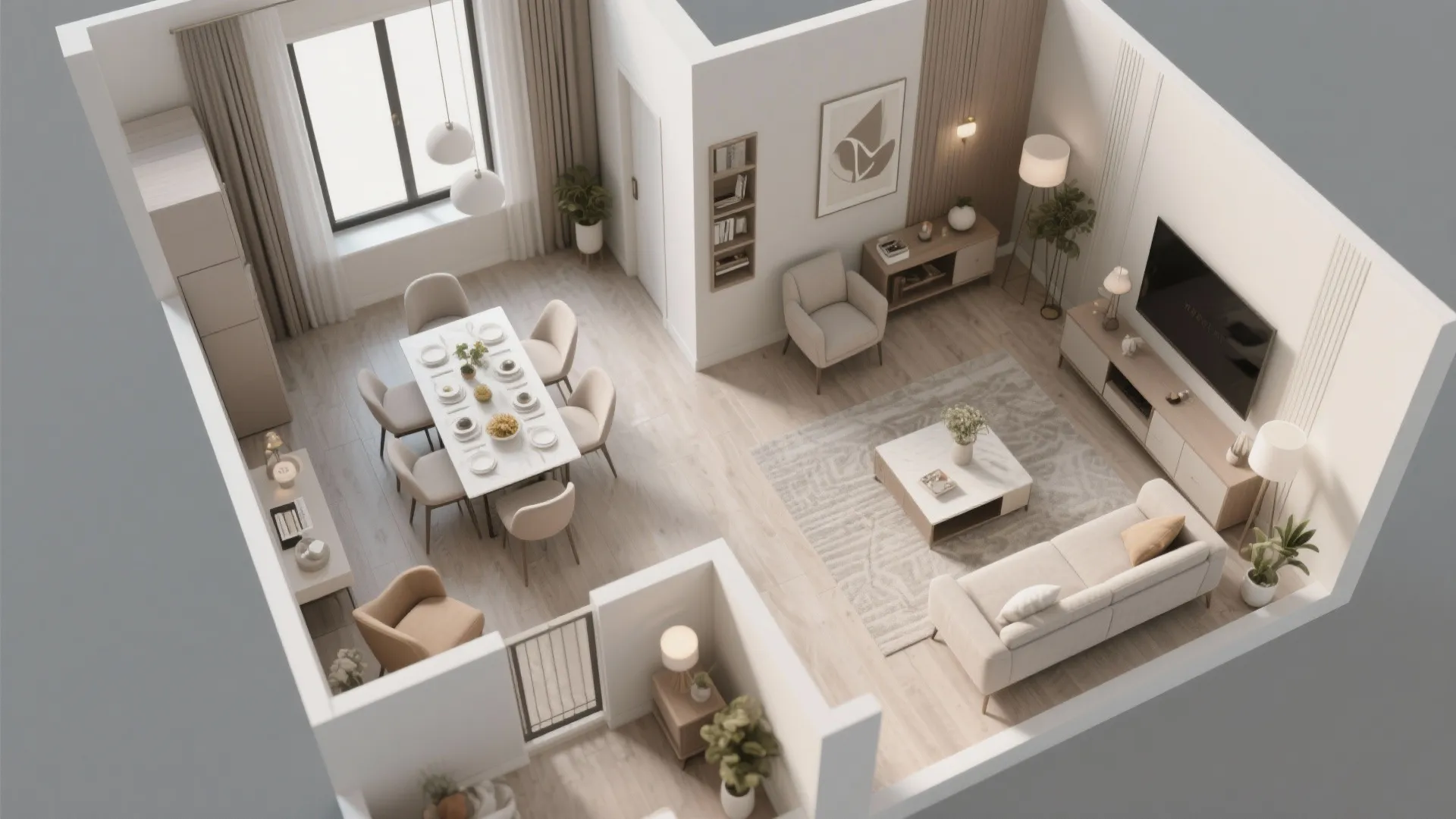 Top down interior design drawing of a modern apartment with living and dining room layout