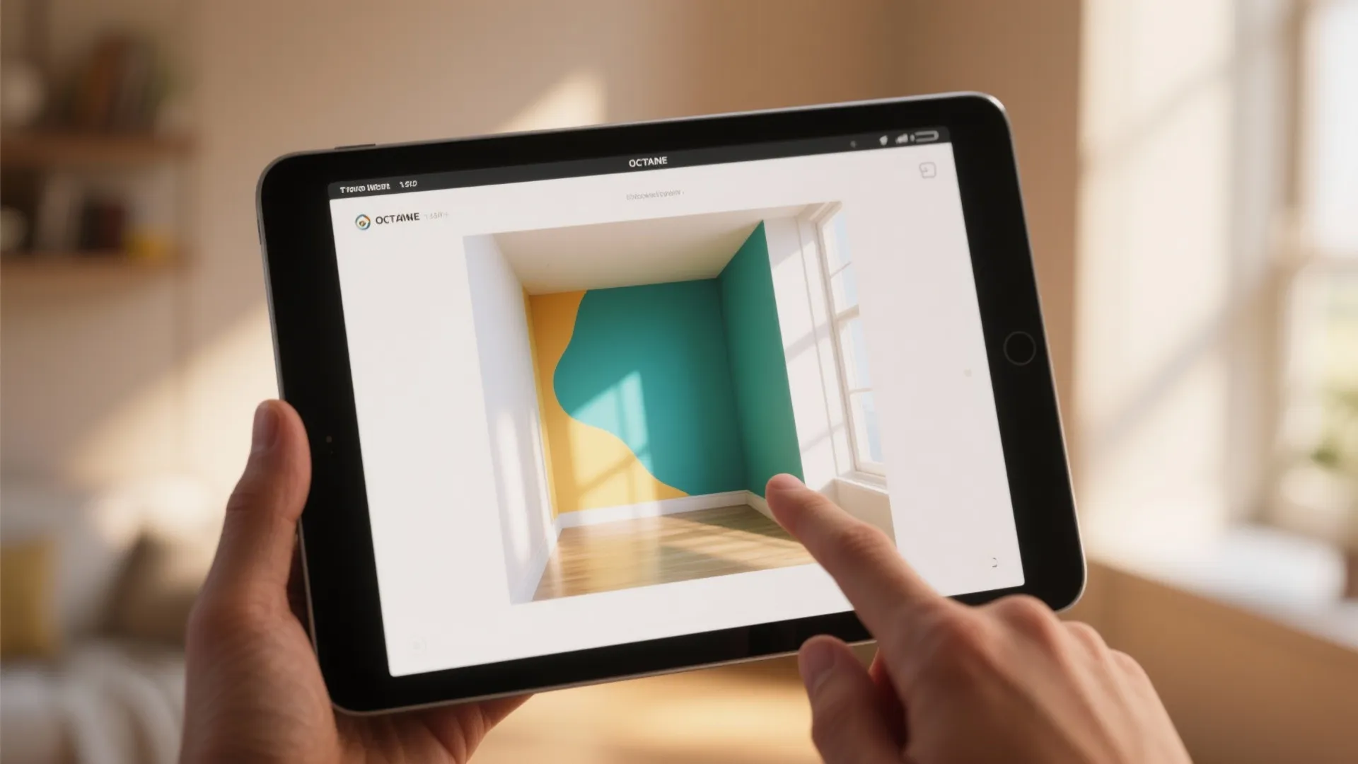 Close-up of a tablet showing a 3D mock-up of paint colors wrapping around a nook, with a hand pointing.