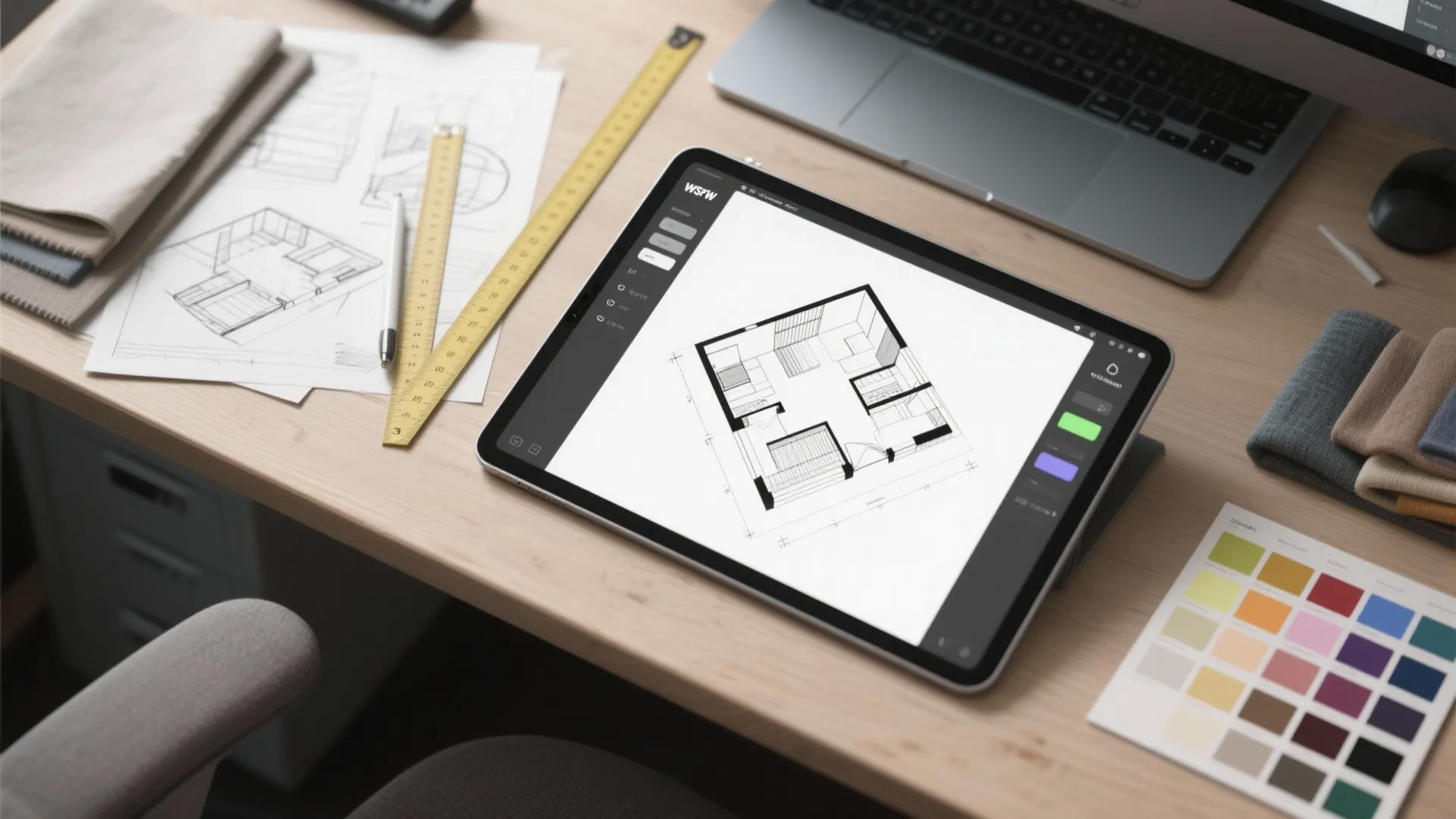 Tablet showing interior design drawing on a wooden desk with color swatches and a laptop