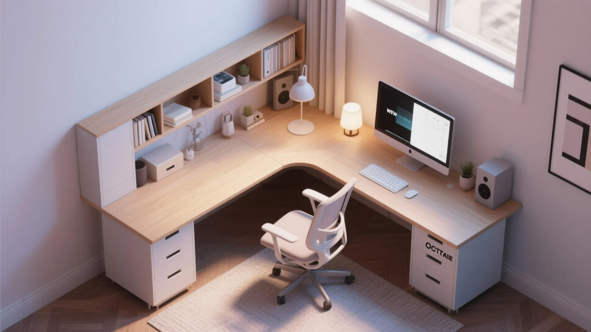 L-shaped wooden corner desk with white drawers office chair computer monitor and bookshelf wall unit