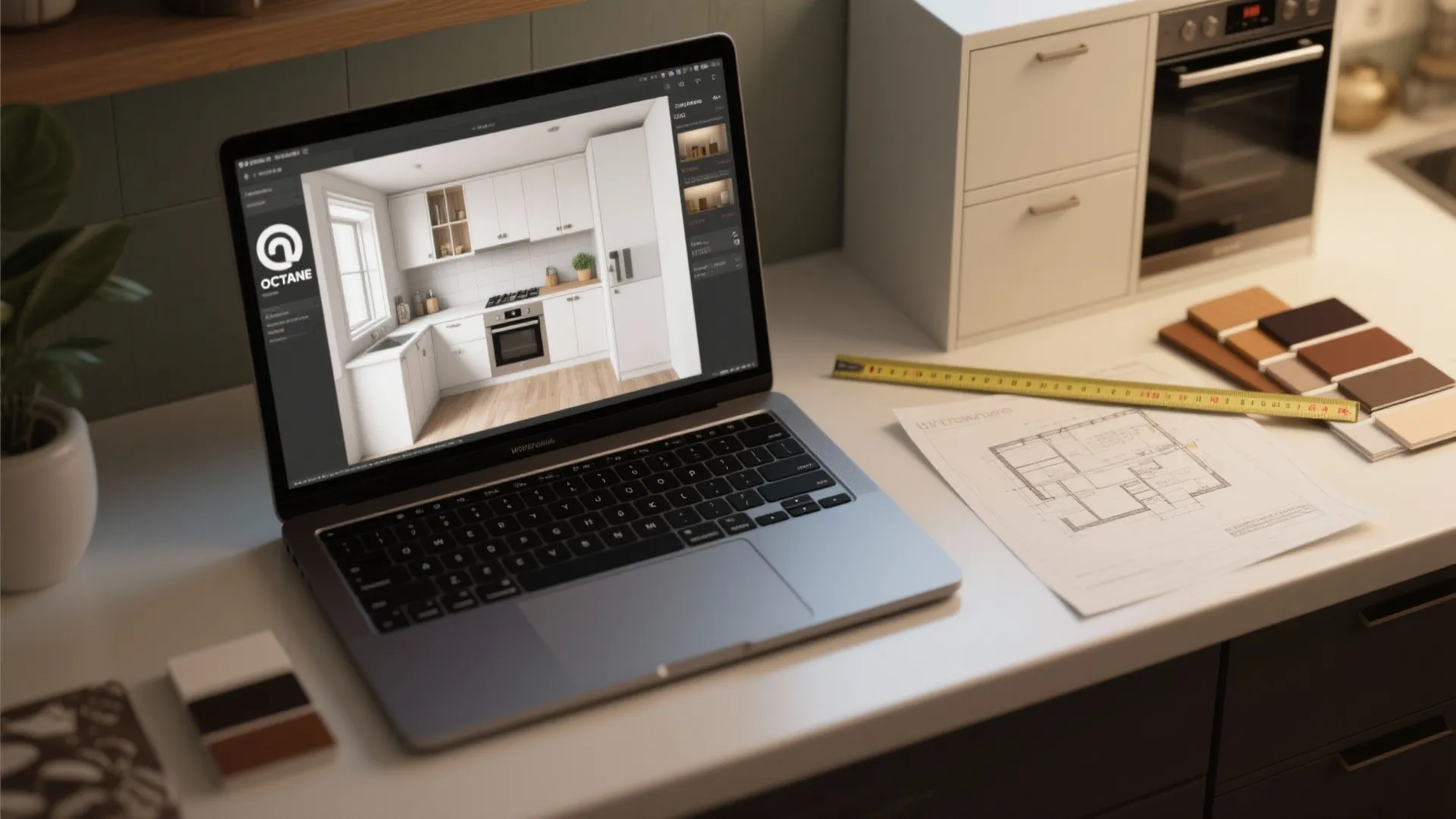 Laptop showing kitchen interior design drawing next to paper floor plan and color material swatches
