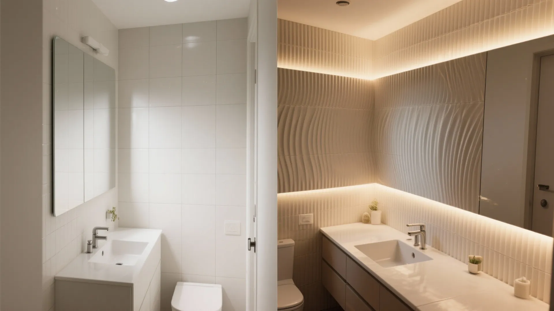 Before-after split of vanity wall switching from smooth tile to subtle 3D ribbed tiles with warm lighting.