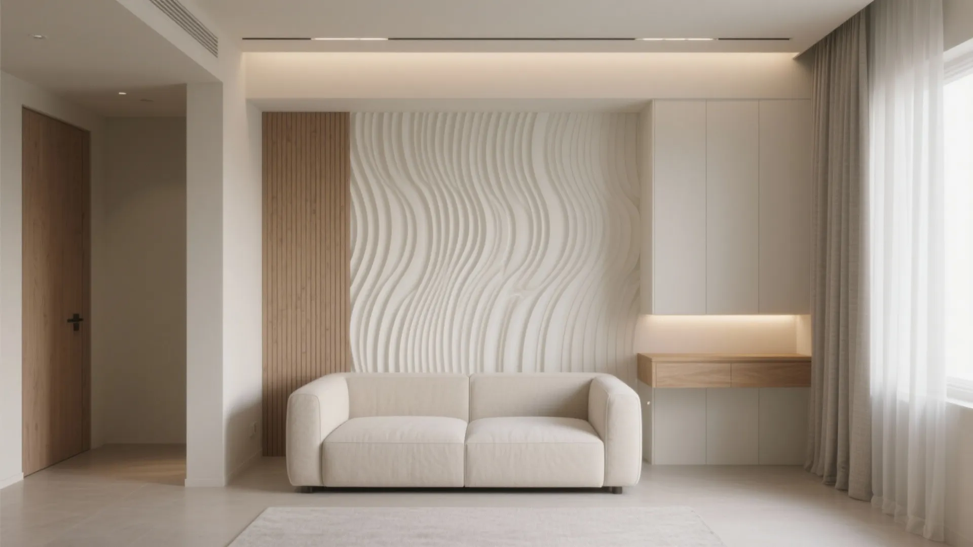 Minimalist living room with wavy wall panel design white sofa wooden cabinet and soft natural light