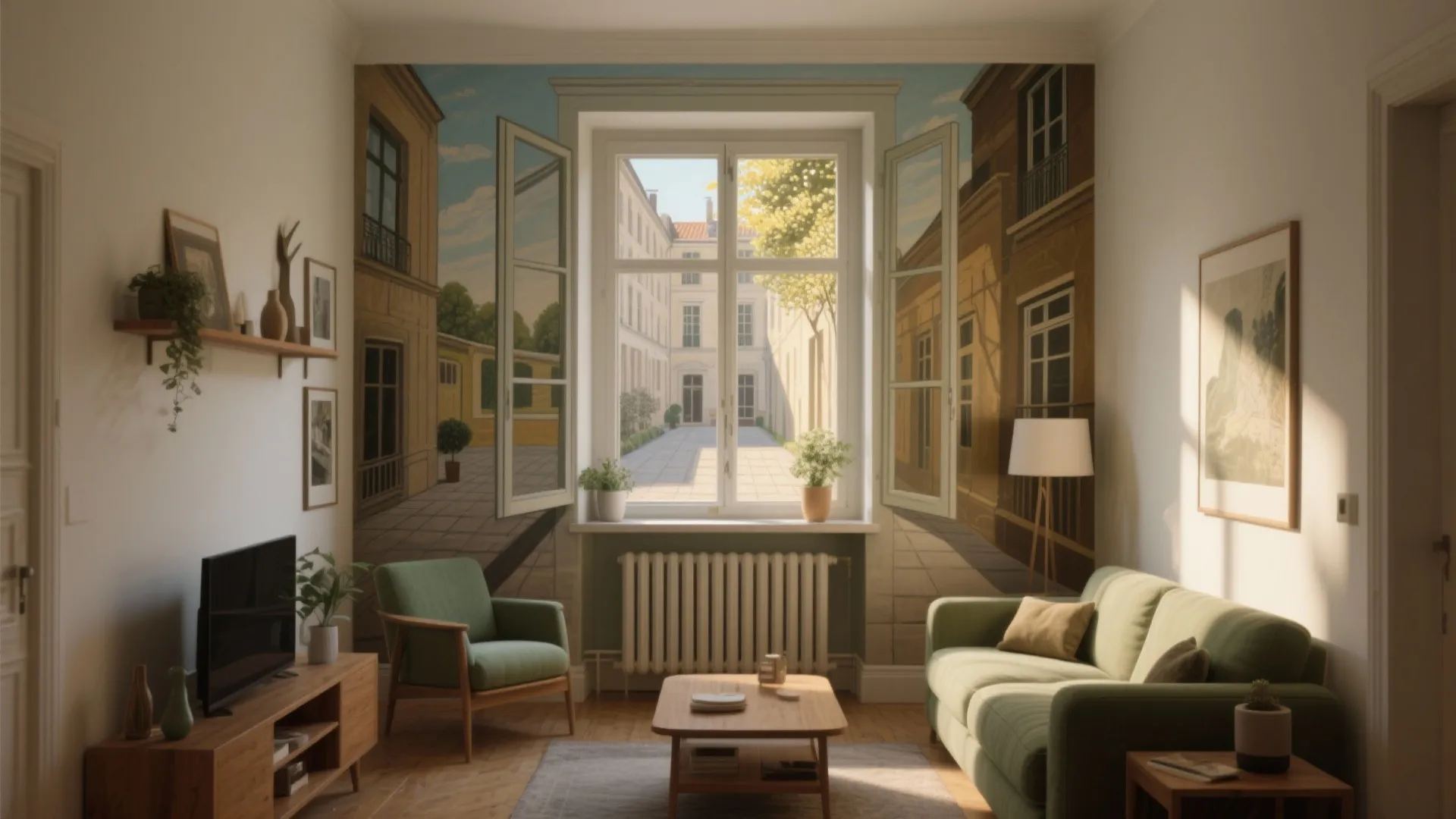 Living room with green sofa and large wall mural showing an outdoor city street view