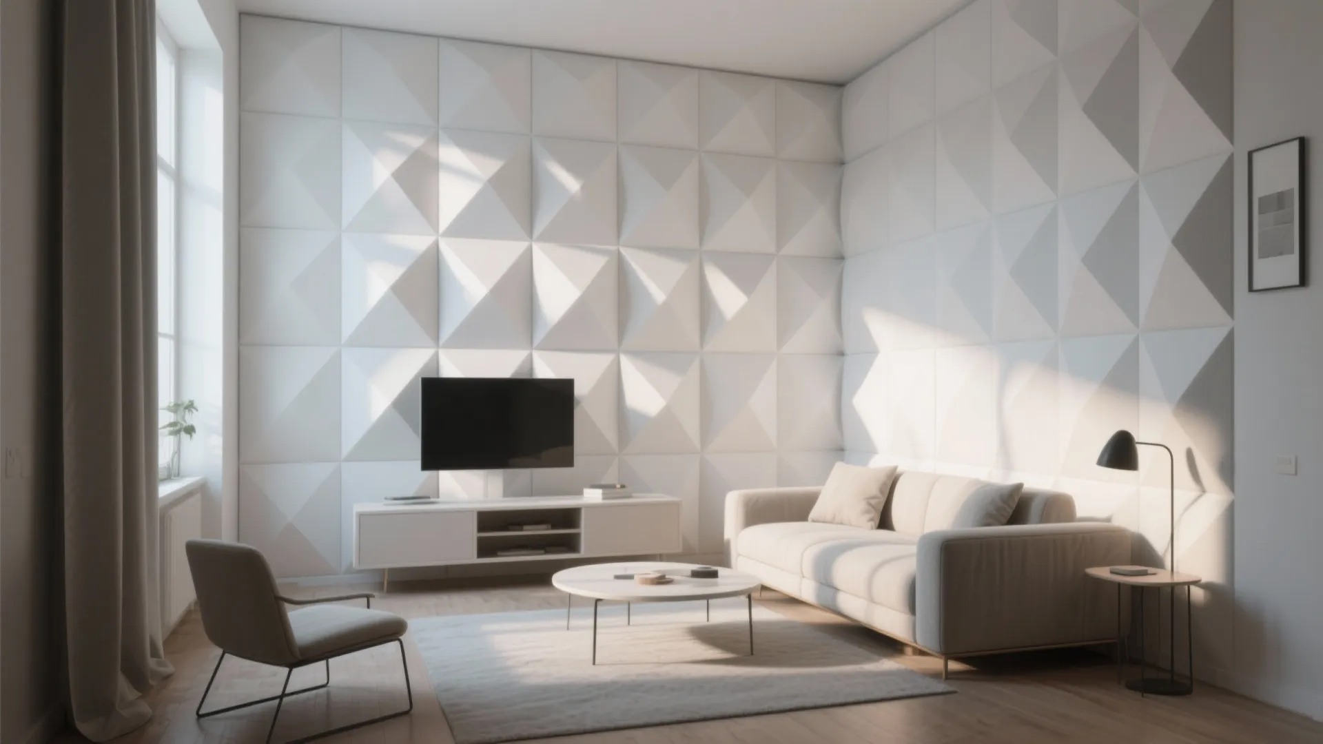 Modern living room featuring white geometric wall panel design sofa television and round coffee table