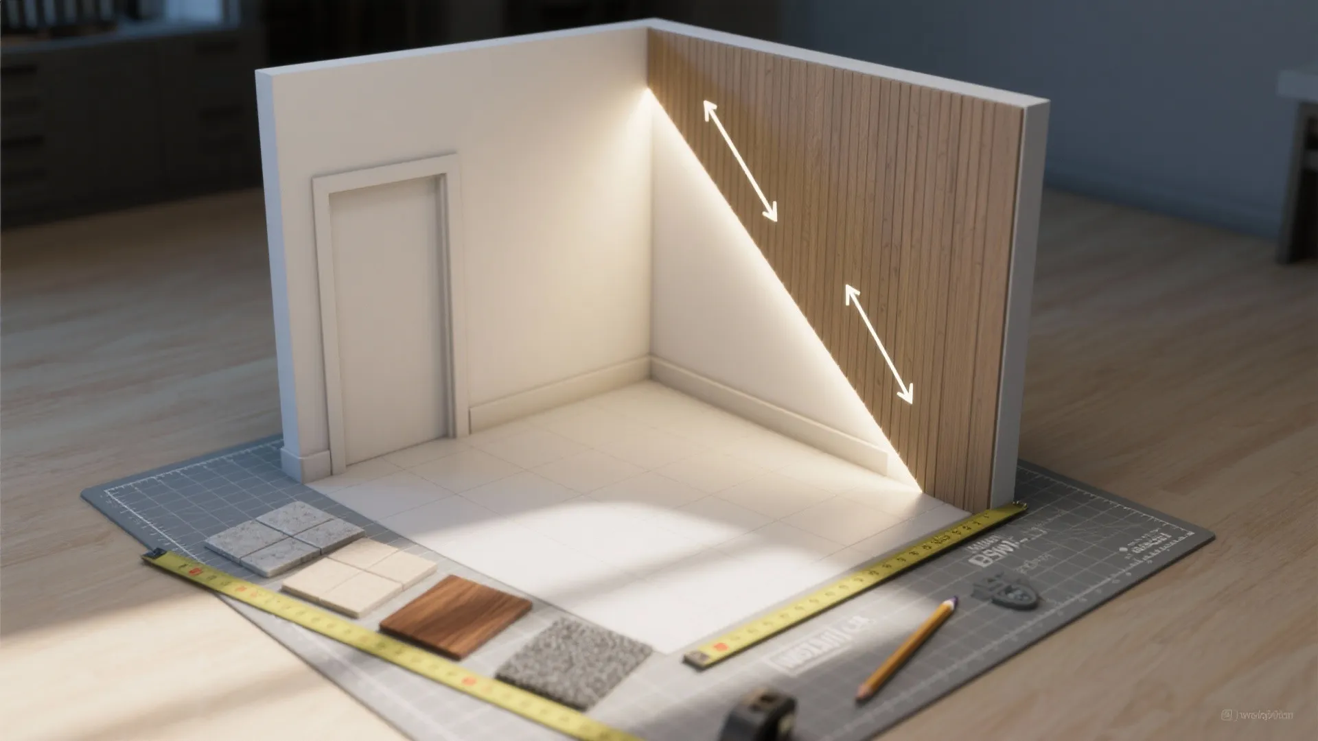 Interior design drawing showing a miniature room model with wood wall panel and measuring tools