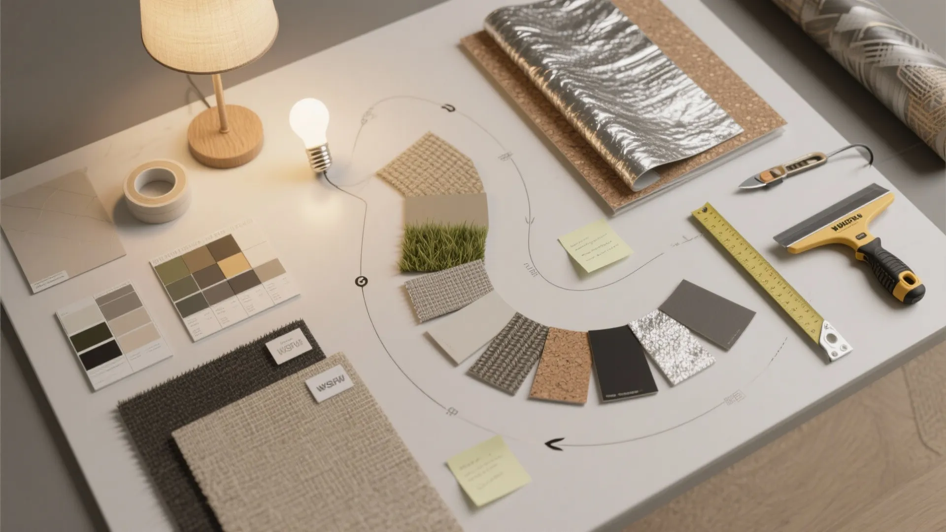 Table displaying interior design material samples with a light bulb ruler and various wallpaper textures