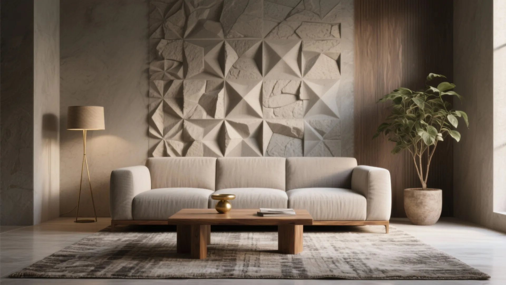 Modern living room featuring a cream sofa coffee table floor lamp and 3D geometric wall