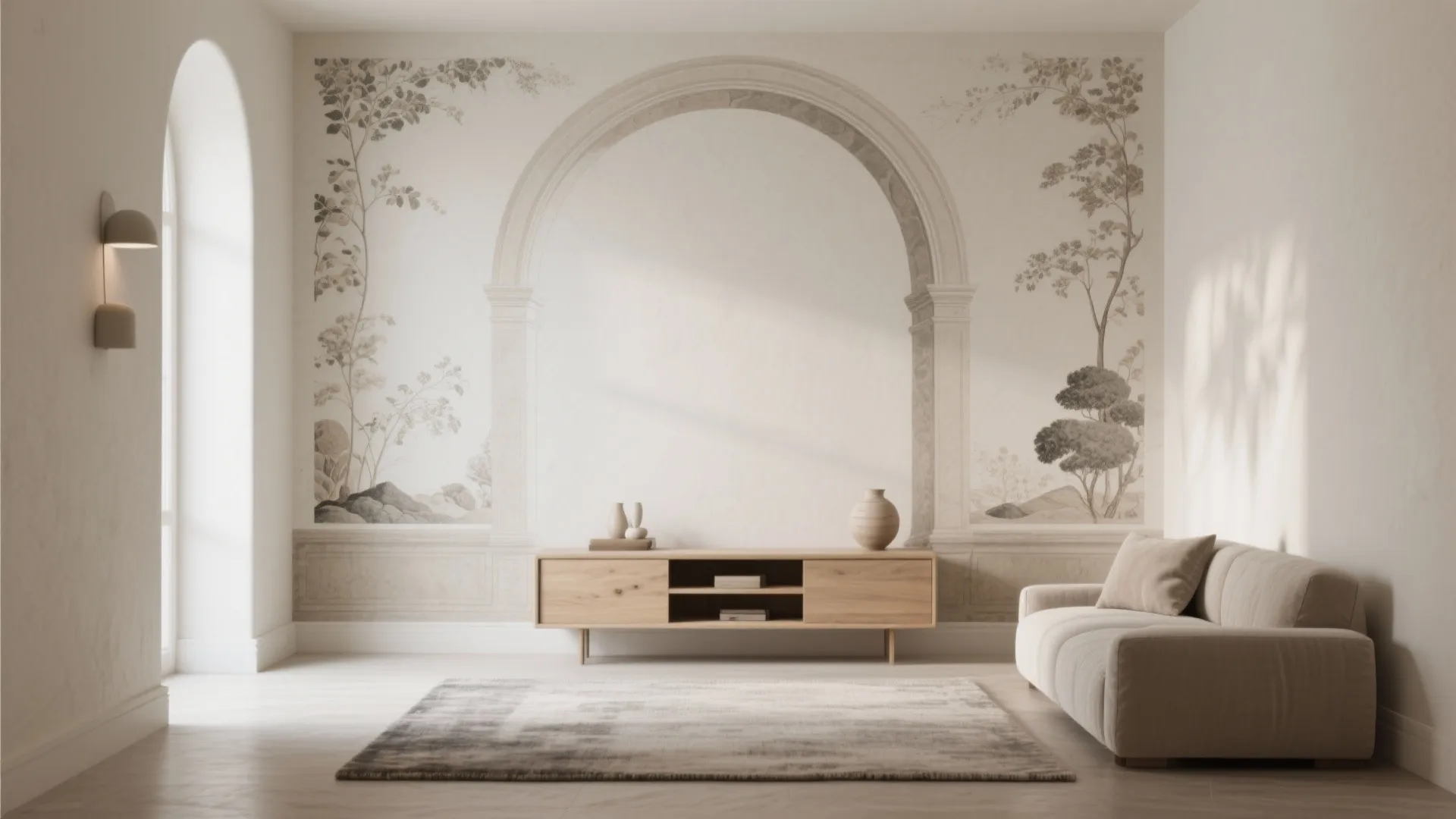 Minimalist living room with arch wall mural design wooden cabinet beige sofa and soft light
