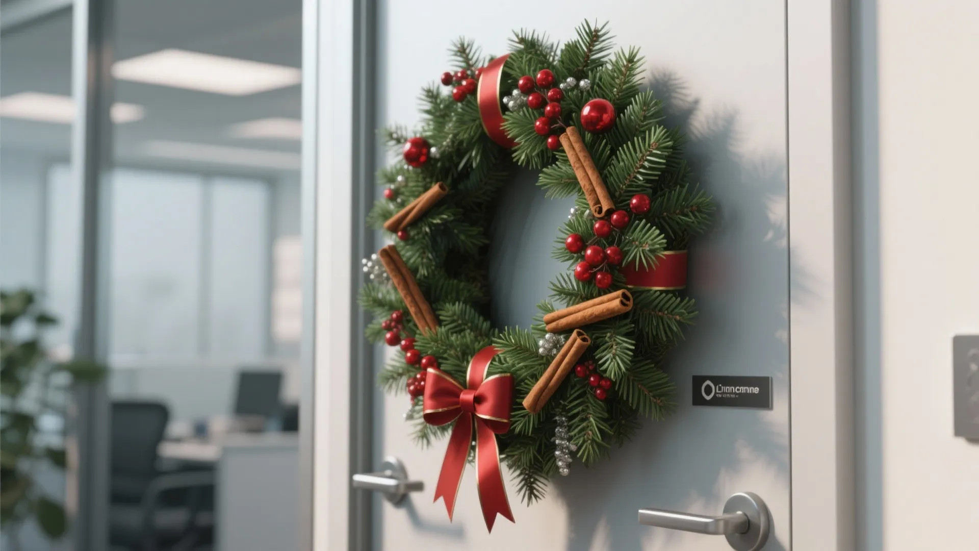 Green Christmas wreath with red berries and cinnamon sticks hanging on a modern grey office door