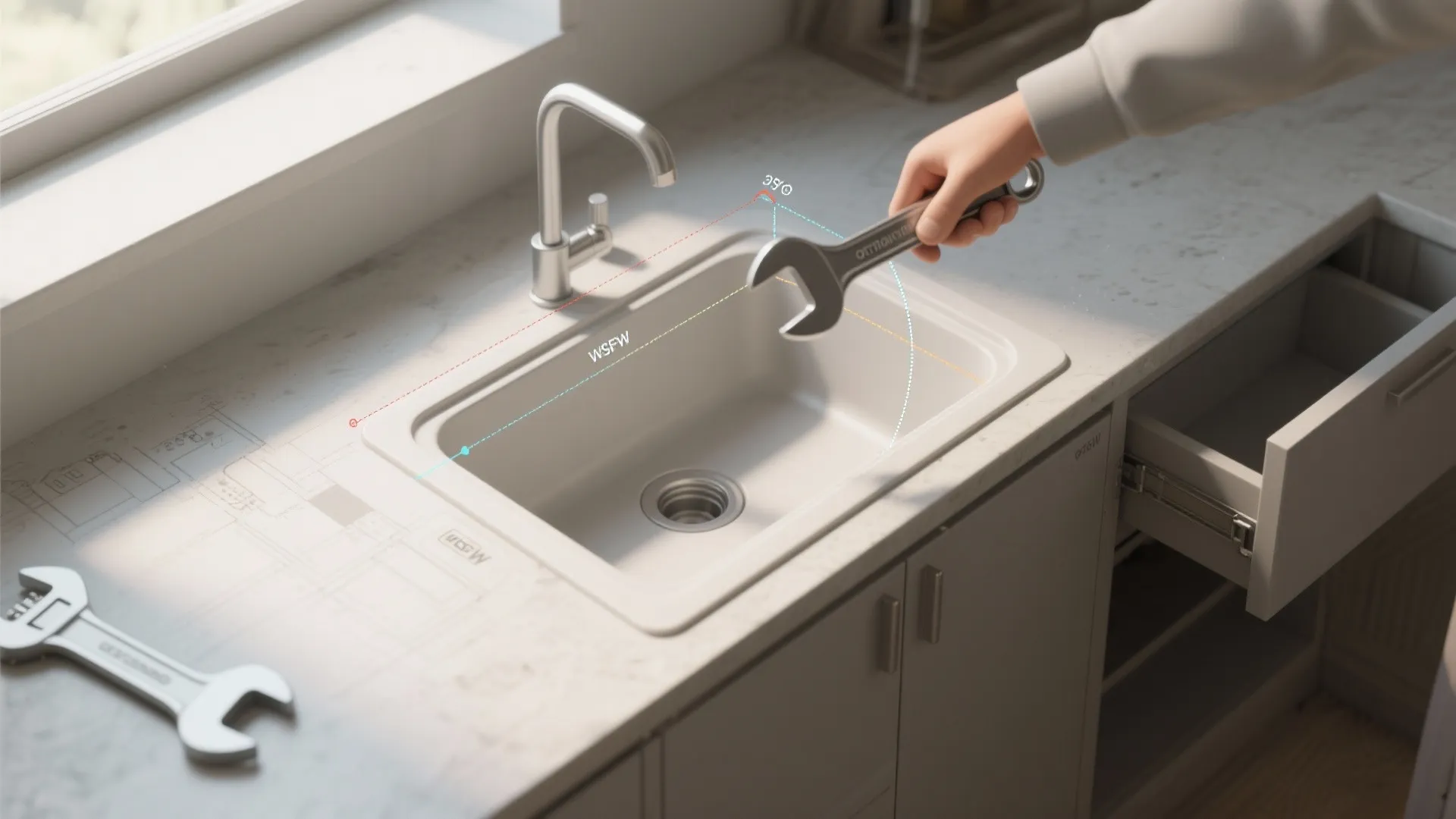 Top-down 3D planning mockup showing hand and wrench swing arcs to check clearance inside a sink cabinet.