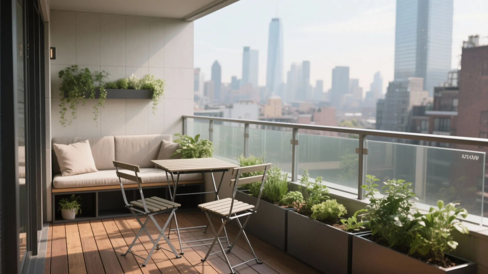 Modern balcony with wood flooring grey sofa small table two chairs plants and city view