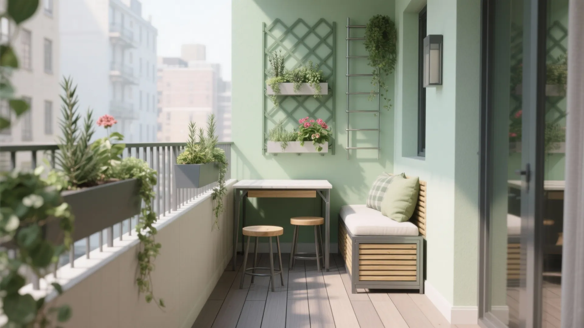 Small green balcony featuring wooden table, two stools, bench with pillows, and various green plants