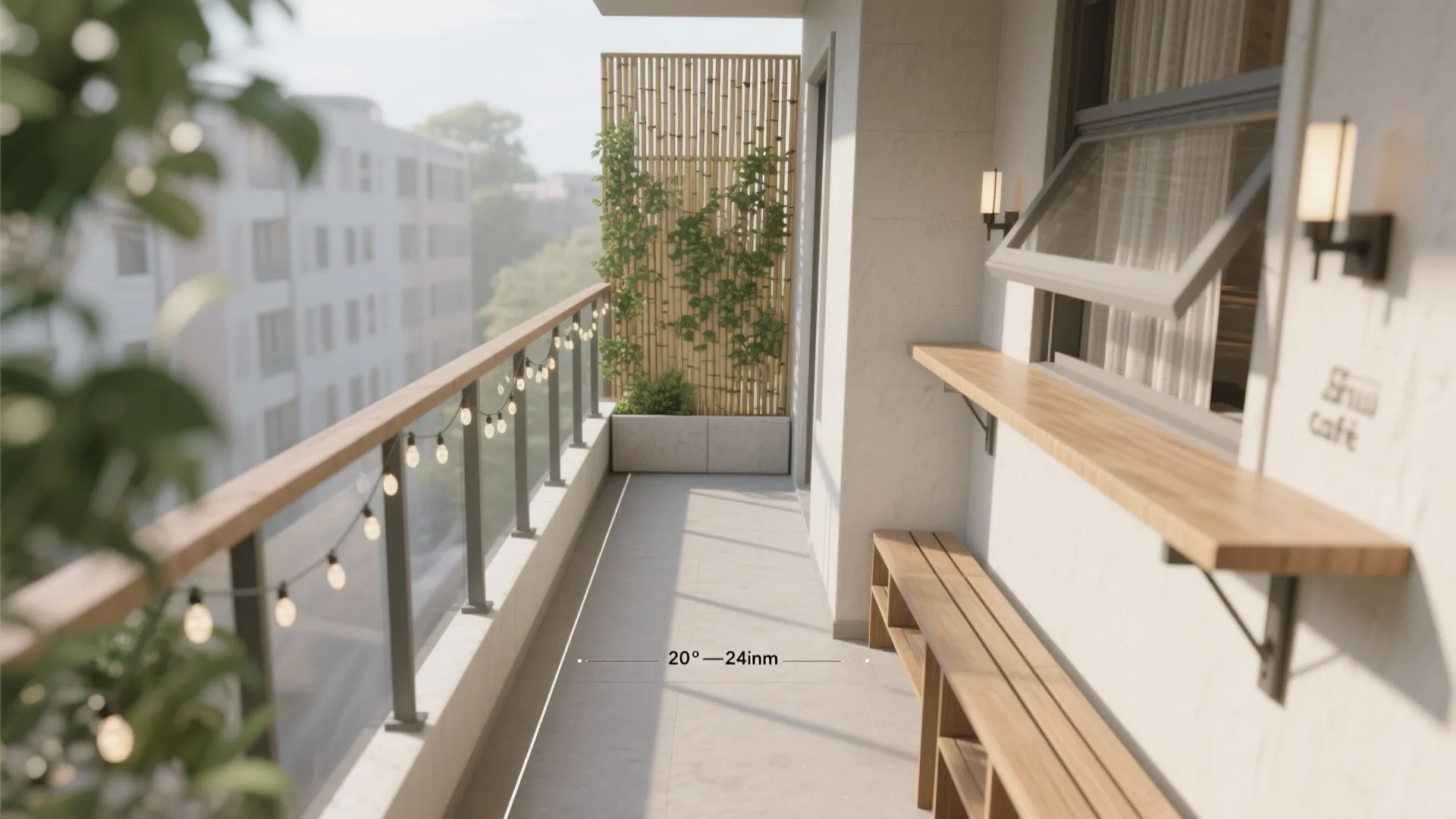 Top-down plan of a three-foot balcony showing cafe ledge, slim bench, trellis, sheer screens, and lighting.