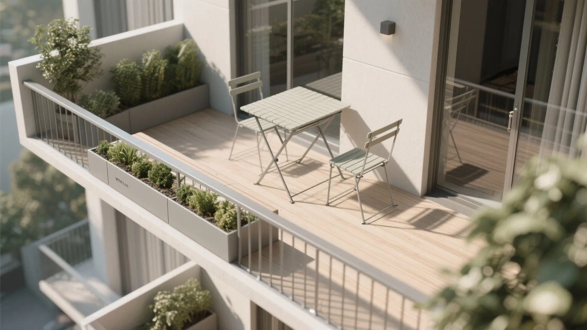 Small apartment balcony with light wood flooring white metal folding table and two matching chairs