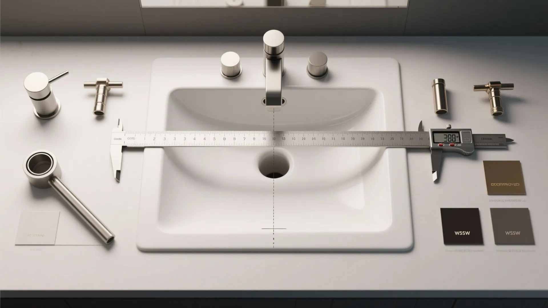 Top-down view of measuring tools showing center-to-center spacing and deck thickness for a 3-hole sink.