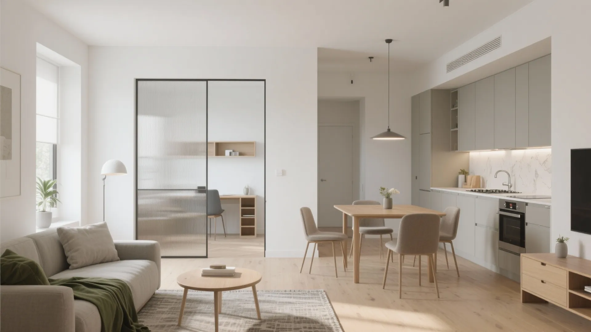 Open plan studio apartment with integrated kitchen dining table grey sofa and glass wall divider