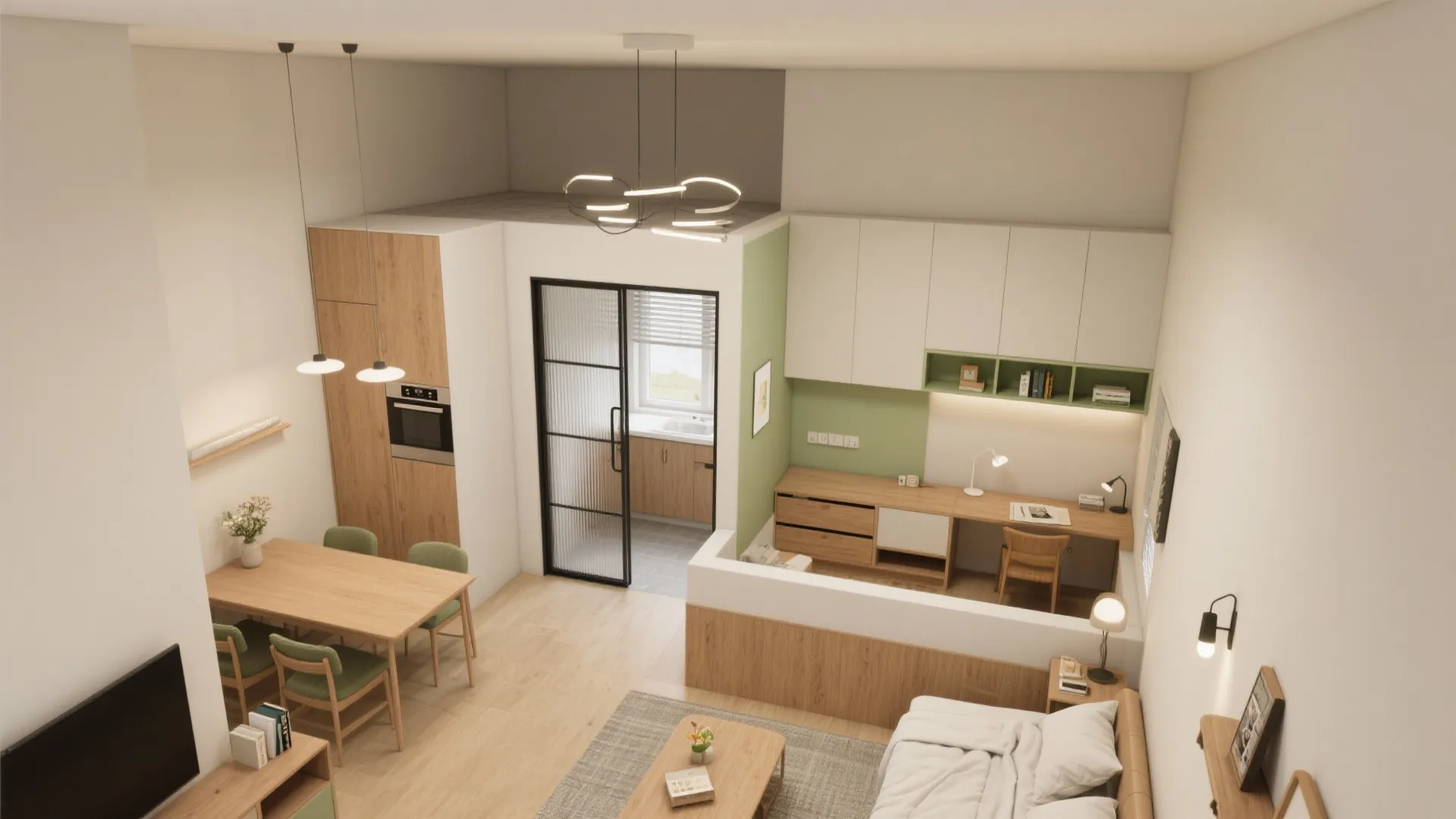 Modern small apartment room layout with dining table office desk bed green wall ceiling light