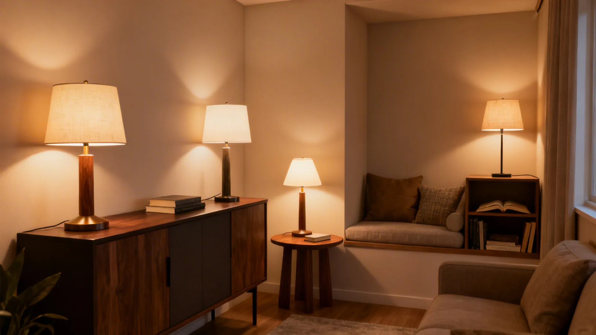 Compact living space showing multiple 3-way lamps used as ambient, task, and accent lighting