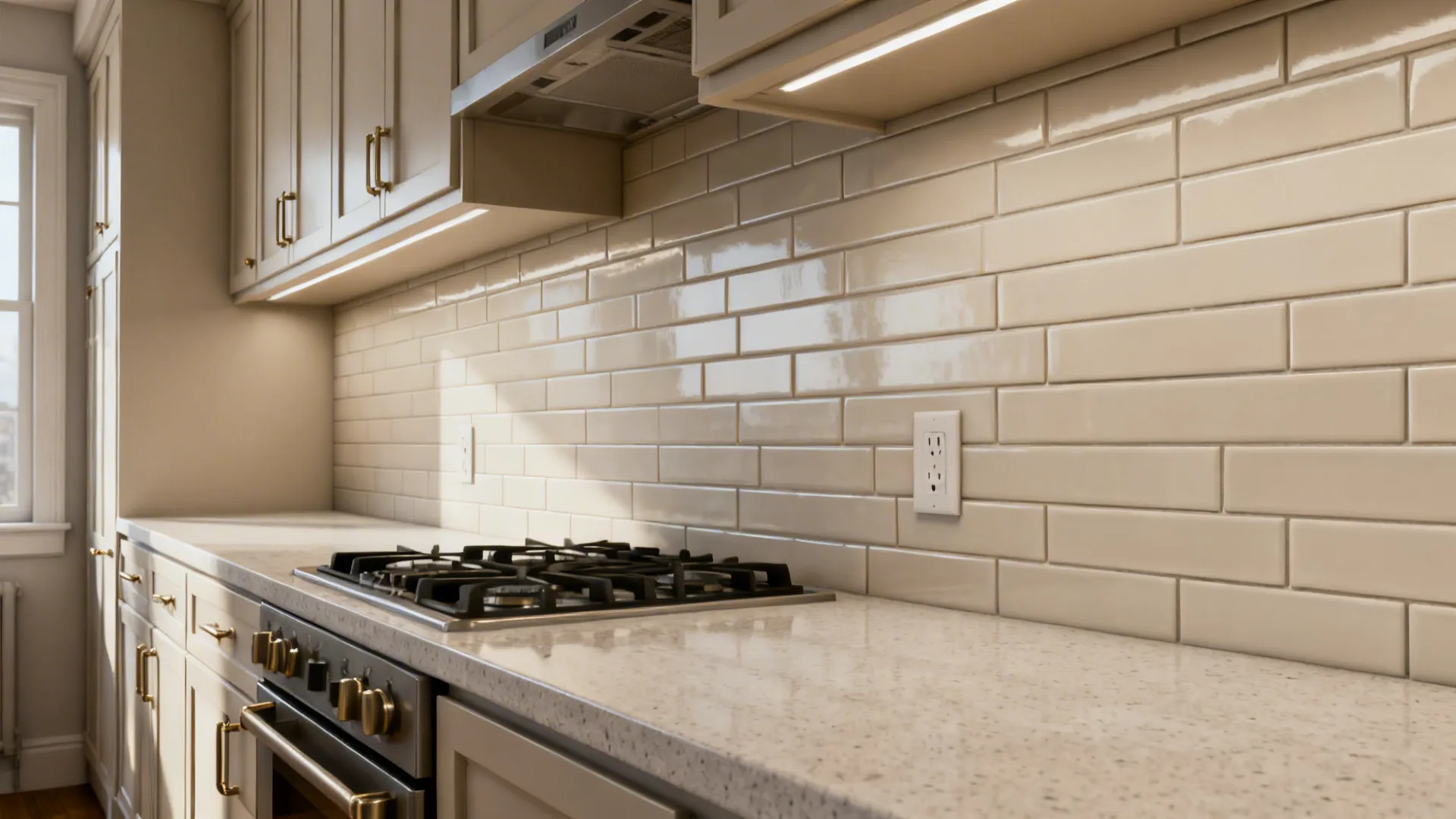 Large-format subway tile backsplash in a small galley kitchen with tight, color-matched grout for a sleek look.