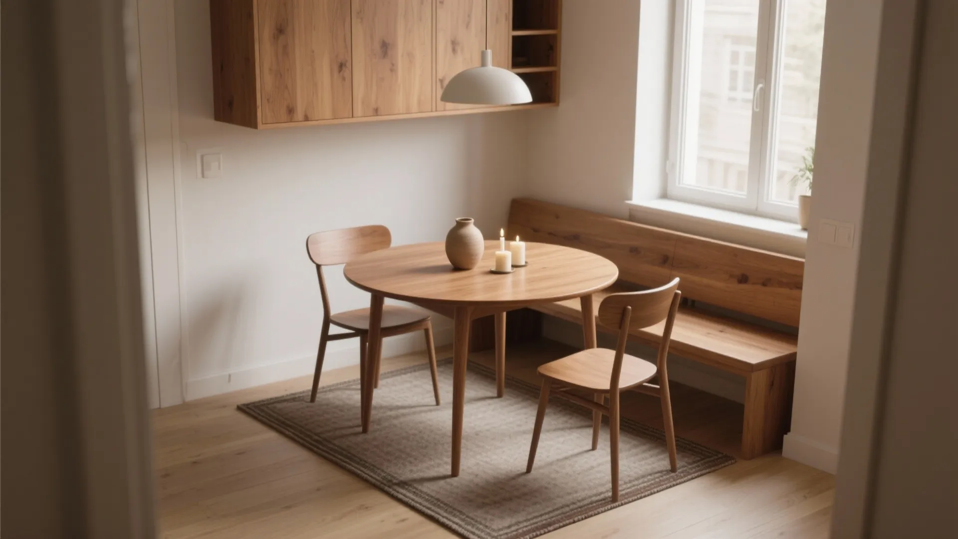 Round wooden dining table with two chairs, a bench, ceiling light, and wall mounted cabinet