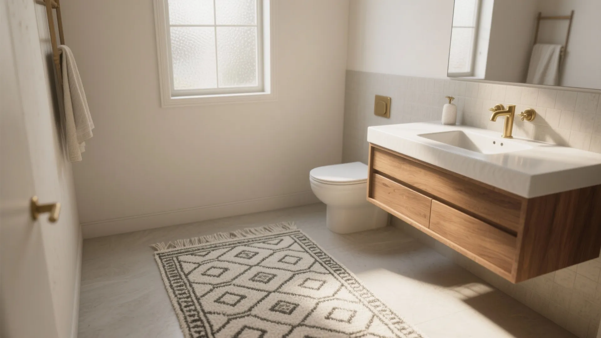 5 Small-Space Ideas for a 3 x 5 Bathroom Rug: How to choose and style a 3 x 5 bathroom rug to make a small bath feel luxe — from a designer with 10+ years of kitchen and tiny-home projects